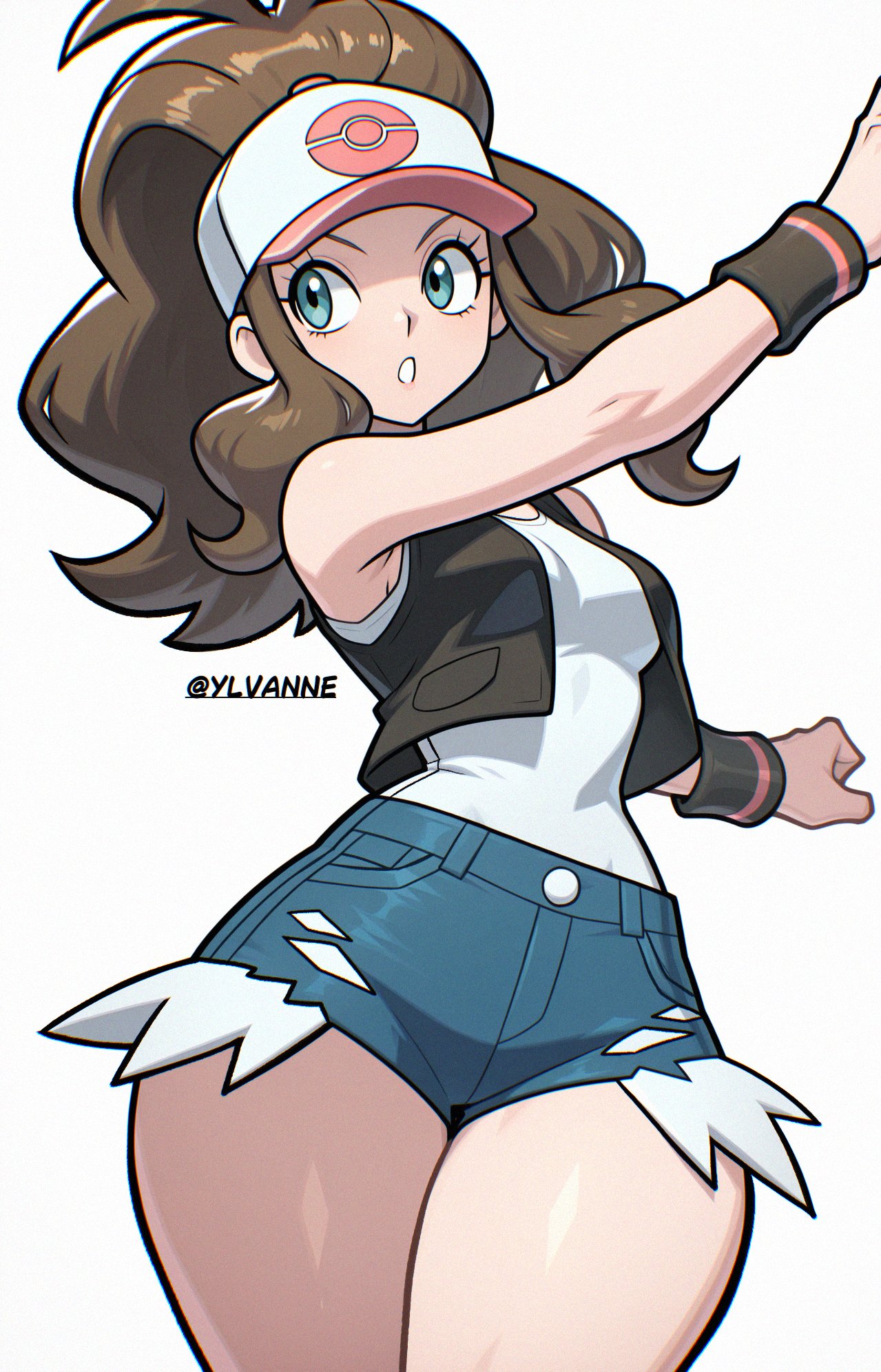1girls, absurdres, ai generated, bare legs, big breasts, black vest, black wristband, blue eyes, blush, breasts, brown hair, cleavage, denim, denim shorts, drop shadow, exposed pocket, female, female only, game freak, hat, highres, hilda (pokemon), large breasts, nintendo, pokemon bw, ponytail, shirt, short shorts, shorts, sidelocks, signature, solo, tomboy, vest, white shirt, wristband, ylvanne