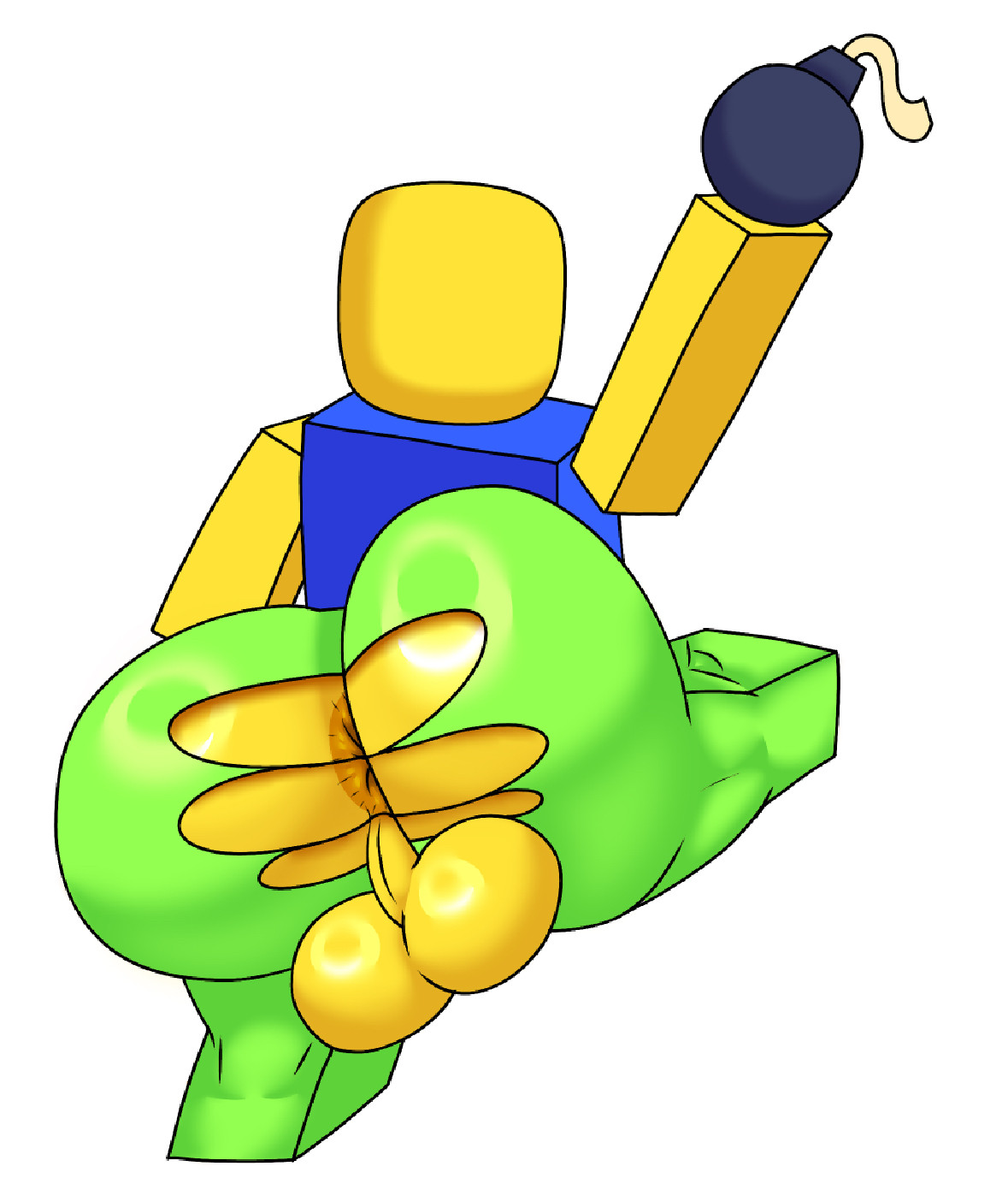 1boy, 2025, alternate version at source, alternate version available, anus, anus peek, ass, balls, ballsack, behind view, big ass, big butt, blocky body, blue clothing, blue shirt, blue topwear, bomb, bottom heavy, genitals, green bottomwear, green legwear, holding bomb, holding object, huge ass, huge butt, male, male only, noob, noob (roblox), pants rip, pov, pov ass, ripped clothing, ripped legwear, ripped pants, roblox, robloxian, solo, tagme, testicles, yaoi, yeah (artist), yellow skin