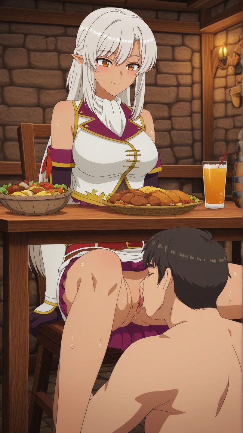 a rank party o ridatsu shita ore wa moto oshiego-tachi to meikyuu shinbu o mezasu, ai generated, bbm, cunnilingus, dark elf, elf ears, female, happy, koihi, no panties, oral, pussy, pussy juice, silk amberwood, smile, under the table