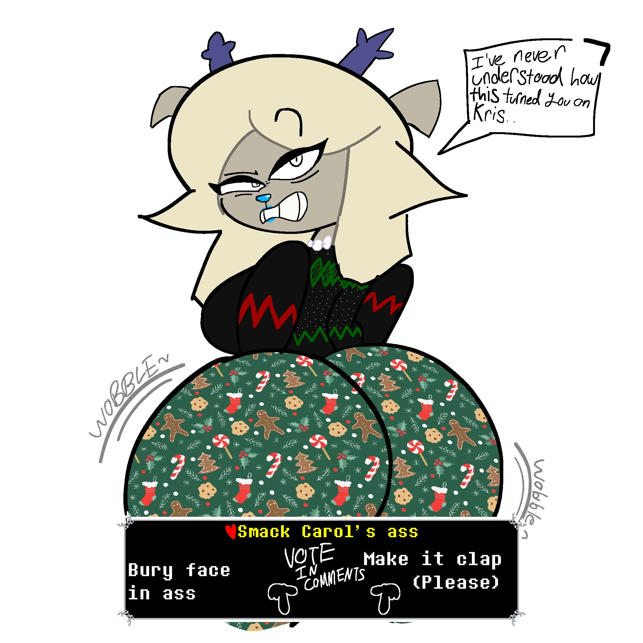 2025, afterdarkcircus, antlers, blue antlers, blue lipstick, carol holiday, christmas outfit, deer, deer girl, deltarune, deltarune chapter 4, eyebrow raise, female, forbidden pants, green stripes, hyper, interaction drive, kris (deltarune), milf, pearl necklace, raised eyebrows, red stripes, reindeer, reindeer girl, undertale (series), wobbling ass