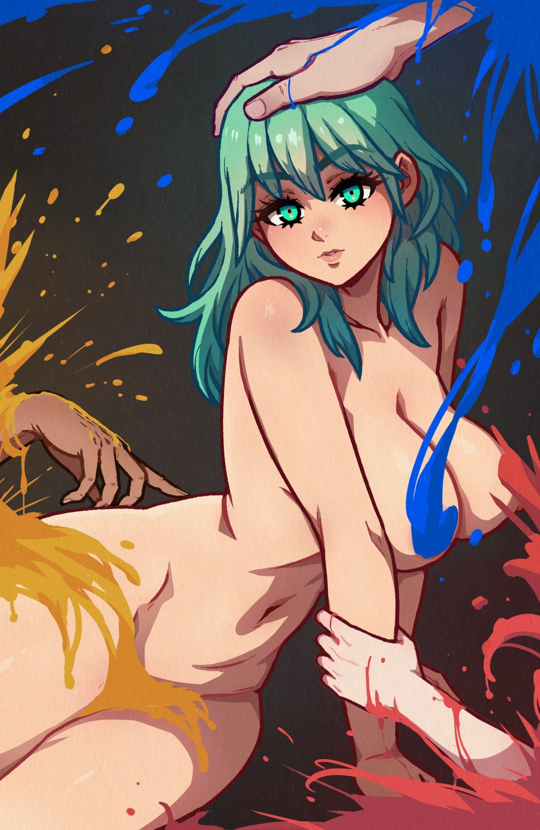 1girls, 2025, 2d, 2d (artwork), 2d artwork, 3others, akairiot, ambiguous gender, artistic nude, byleth (fire emblem), byleth (fire emblem) (female), convenient censoring, covered crotch, covered nipples, disembodied hands, female, female focus, female only, fire emblem, fire emblem: three houses, green eyes, green hair, hand on back, hand on head, hands on arms, holding arms, light body, light skin, light-skinned female, naked, naked female, nintendo, nude, nude female, pale, pale body, pale skin, pale-skinned female, solo, solo female, solo focus