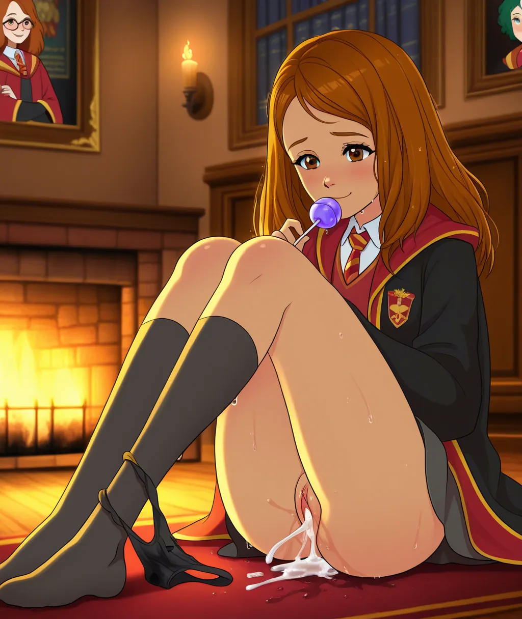 after sex, after vaginal, ai generated, black panties, black skirt, brown eyes, candy, cum, cum drip, cum dripping, cum dripping from pussy, cum dripping out of pussy, exposed pussy, exposed vagina, female, female focus, ginger, ginger female, ginger hair, ginny weasley, gryffindor, harry potter, hogwarts, hogwarts school uniform, hogwarts student, lollipop, panties, pussy, pussy juice, pussy juice drip, satisfaction, satisfied, satisfied look, satisfied smile, short hair, skirt, sucking lollipop, vagina, vaginal fluids, vaginal juices, wet panties, wet pussy