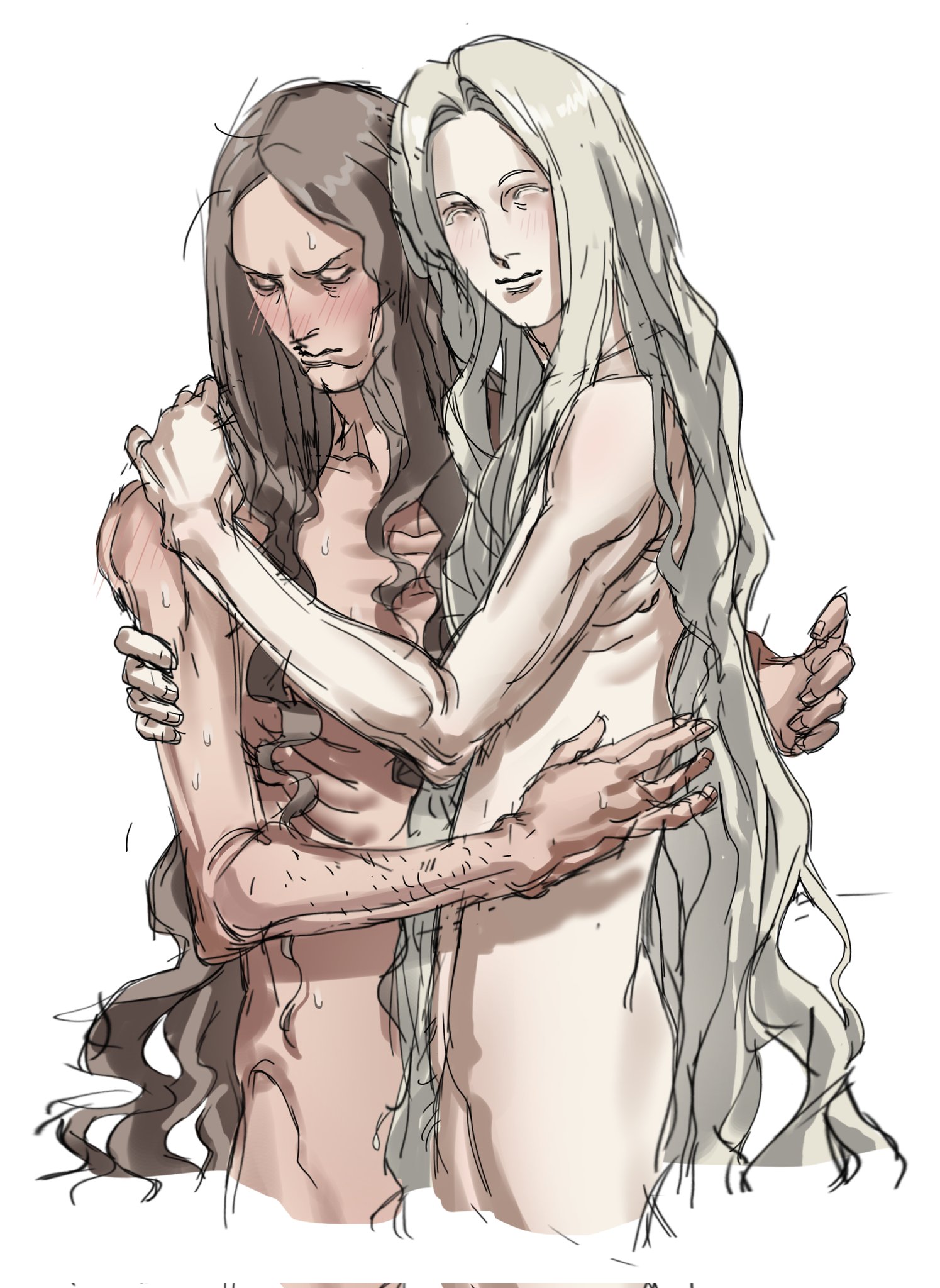 2boys, androgynous, annoyed, blonde hair, blush, brown hair, completely nude, echoashbloom, emaciated, embarrassed, embrace, enki ankarian, fear and hunger, gay, hover hand, hug, light skin, light-skinned male, long hair, long-haired male, male, male only, nosramus, nude, pale skin, pale-skinned male, skinny, smile, sweat, very long hair, yaoi