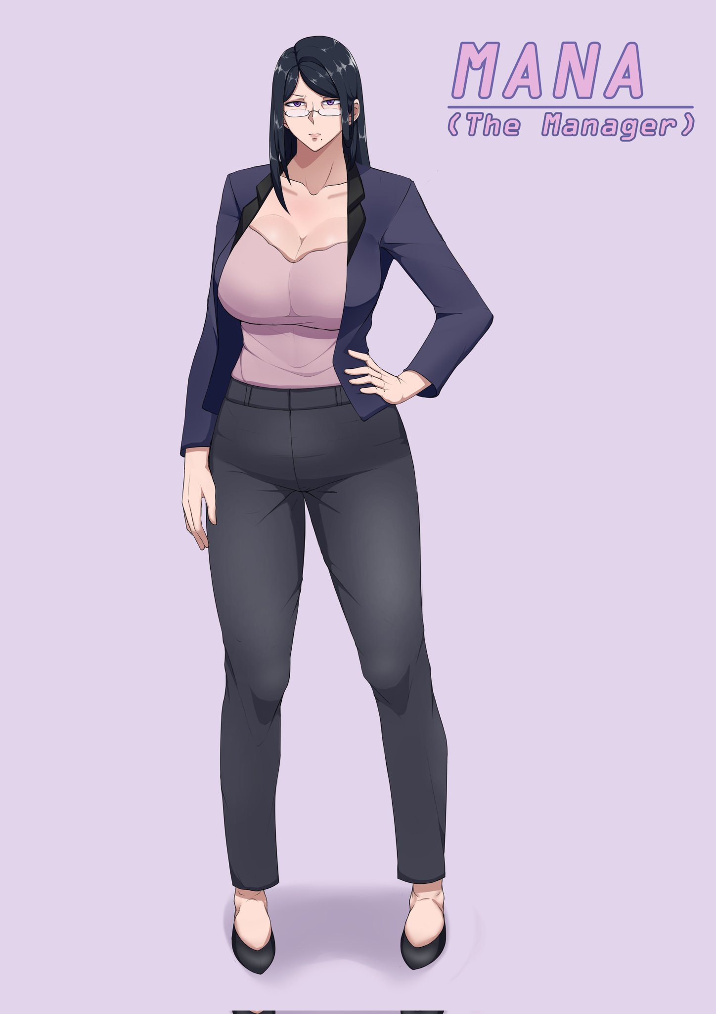 2d artwork, beauty mark, beauty mark under mouth, black hair, blouse, boss, breasts, breasts bigger than head, brown hair, brunette female, brunette hair, cleavage, curvy, dark hair, female, female focus, female only, glasses, glasses on face, hand on hip, heels, huge breasts, jacket, light skin, light-skinned female, long hair, mana (yonda545), manager, milf, mole, mole under mouth, office lady, pale skin, pale-skinned female, pants, purple eyes, serious, serious face, serious look, thick thighs, wide hips, yonda545