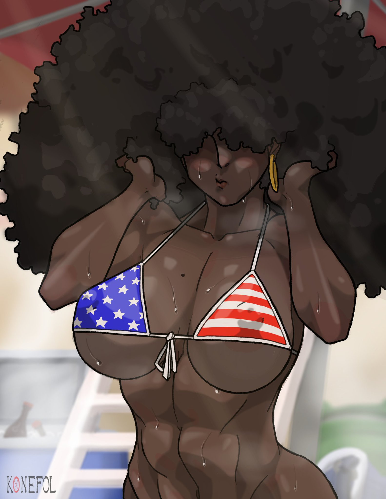 1girls, 2d, 2d (artwork), 2d artwork, abs, african, african american, african female, afro, american flag bikini, background, big afro, big breasts, big hair, bikini, bikini top, black female, black girl, breasts, dark skin, dark-skinned female, digital art, digital drawing (artwork), digital media, digital media (artwork), earrings, eye covered, female, fit, fit female, human, human only, konefol, mole, mole on breast, no sex, solo, solo female, swimming pool, thick thighs, toned, toned abs, toned female, voluptuous, voluptuous female