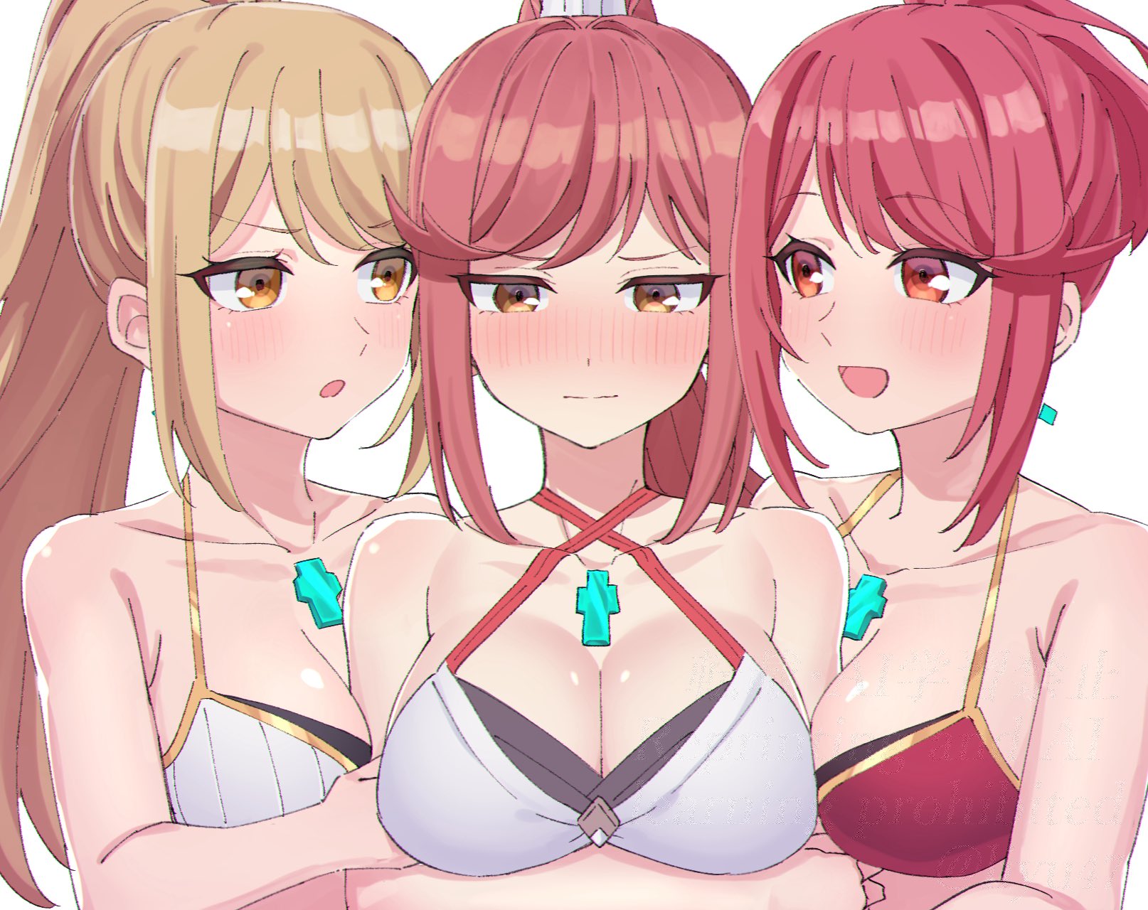 3girls, alluring, alternate hairstyle, blonde hair, blush, breasts, closed mouth, collarbone, commentary, core crystal, core crystal (xenoblade), female, glimmer (xenoblade), halterneck, heroine, heroines, high ponytail, highres, large breasts, milf, mother and daughter, multiple females, multiple girls, mythra, nintendo, open mouth, ponytail, pyra, red hair, shinae, symbol-only commentary, upper body, xenoblade (series), xenoblade chronicles 2, xenoblade chronicles 3, xenoblade chronicles 3: future redeemed, yellow eyes