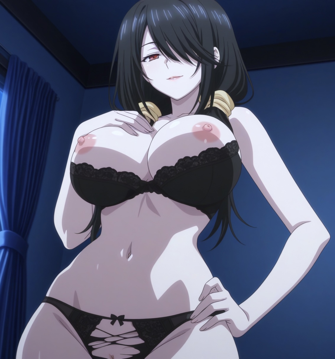 1girls, ai generated, bed, bedroom, black bra, black hair, black panties, bra, bra and panties, bra down, breasts, breasts out, date a live, female, hair over one eye, hand on chest, hand on hip, hand on own chest, hand on own hip, large breasts, long hair, low twintails, night, nipples, panties, red eye, ripped panties, seductive eyes, seductive look, seductive smile, smile, solo female, tokisaki kurumi