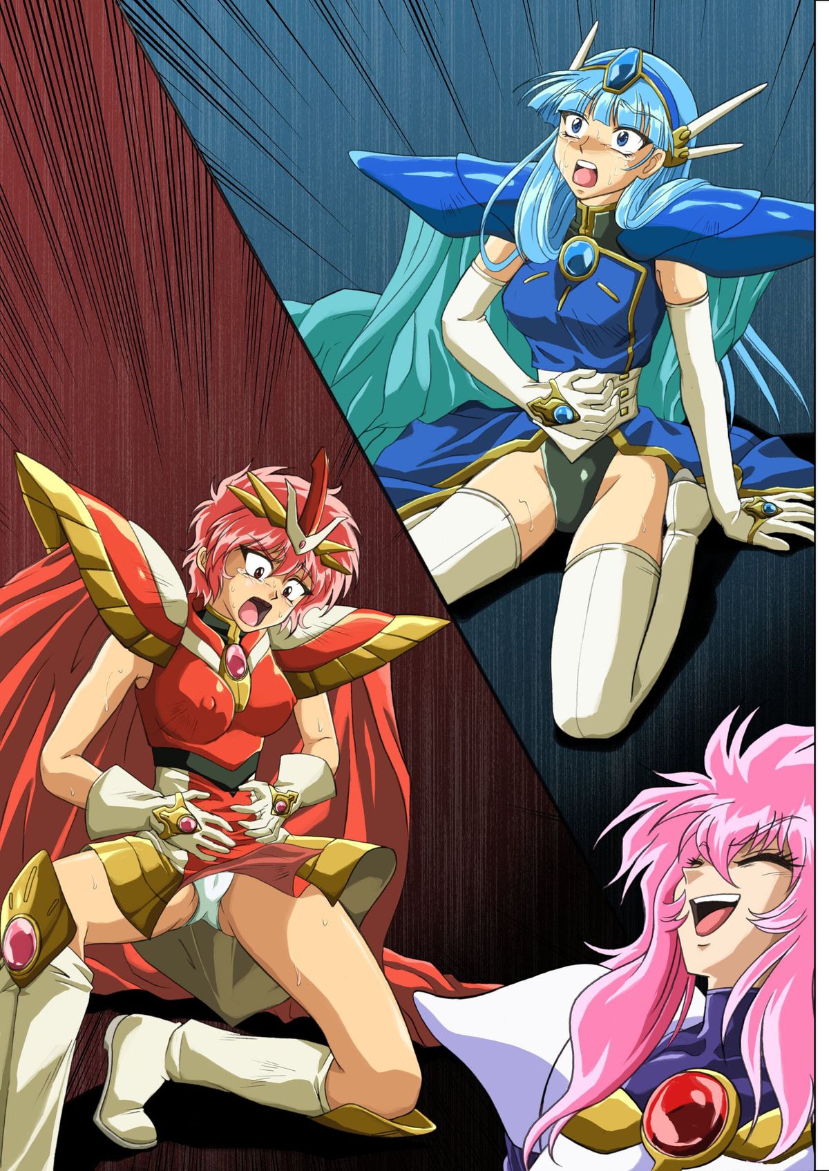 3girls clothing comic cyclone defeated erect_nipples erect_nipples_under_clothes female highres hikaru_shidou magic_knight_rayearth multiple_girls nova_(rayearth) panties tagme umi_ryuuzaki