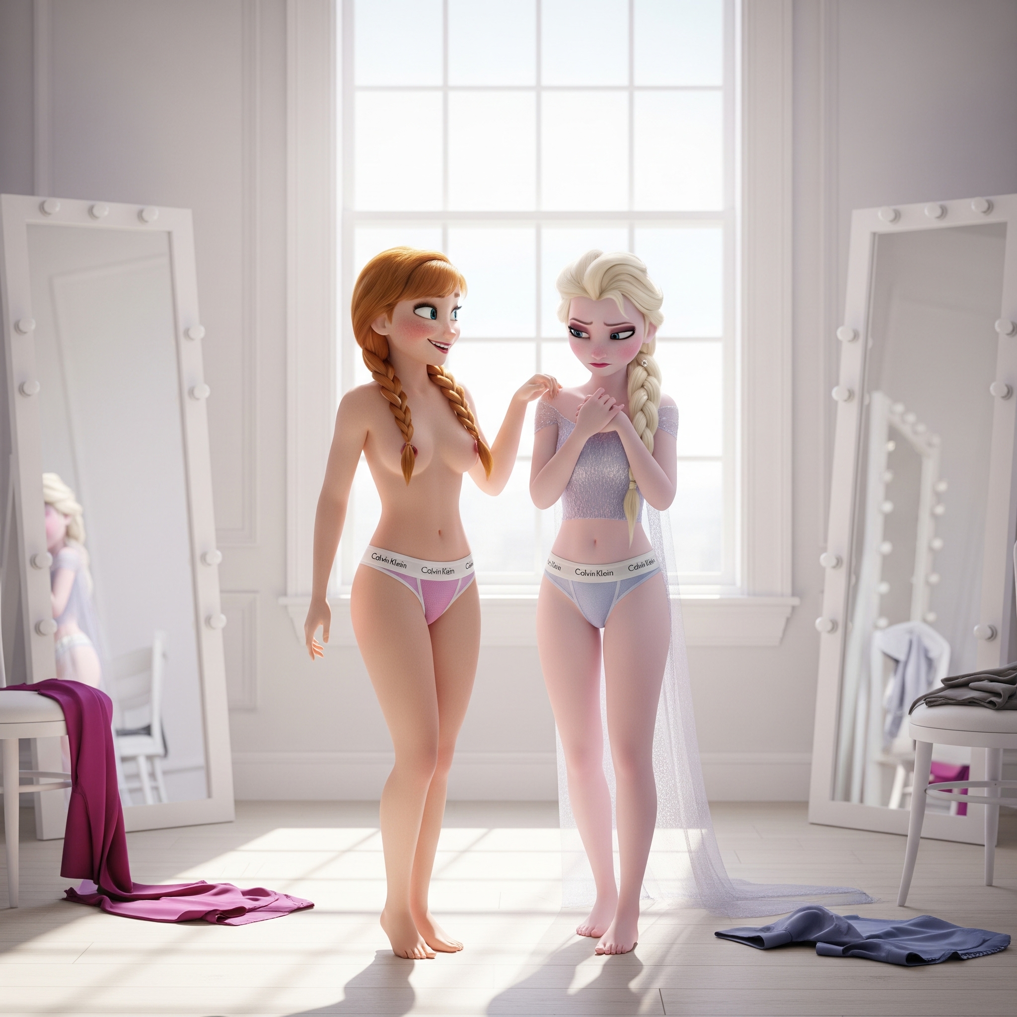 ai generated, anna (frozen), blonde hair, breasts, brown hair, calvin klein, clothing, disney, disney princess, elsa (frozen), female, female focus, female only, frozen (film), frozen 2, panties, petite, princess, small breasts, topless, underwear, underwear only