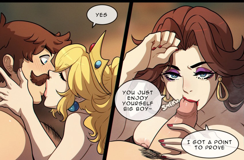 1boy, 2girls, areolae, bed, big breasts, blonde hair, blowjob, blue eyes, blush, breast size difference, breasts, brown hair, chest hair, comic, comic page, crown, dominant female, dominant females, earrings, english text, eyeshadow, facial hair, fat male, fellatio, female, hat, high heels, just the tip, kinkymation, kissing, light skin, light-skinned female, light-skinned male, lipstick, makeup, male, male pubic hair, mario, mario (series), medium breasts, moustache, nail polish, nintendo, nipples, nude, nude female, nude male, open mouth, oral, oral sex, page 2, pauline, pearl earrings, pillow, pink lipstick, ponytail, princess peach, pubic hair, purple eyeshadow, red lipstick, red nails, short hair, speech bubble, straight, super mario bros., text, threesome, trio