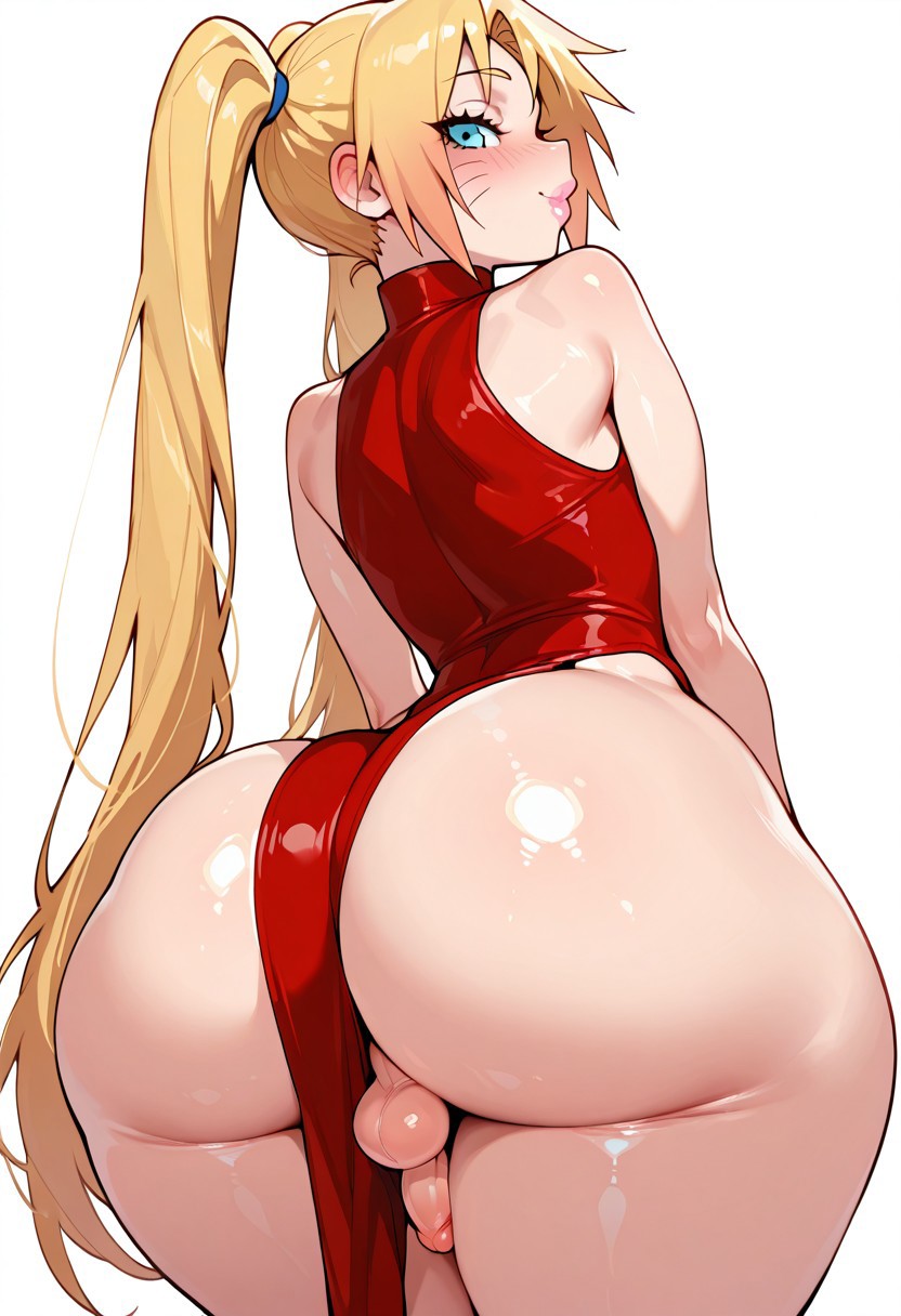 1boy, 1femboy, ai generated, ass, balls, balls slip, big ass, blonde hair, blue eyes, blush, crossdressing, dress, dress between buttocks, femboy, femboy dilf, girly, light skin, light-skinned femboy, lips, lipstick, long hair, looking at viewer, looking back, male, male only, mesissyah, naruko, naruto, naruto (series), no panties, penis, pink lips, pink lipstick, red dress, simple background, solo, testicles, thick thighs, thighs, trap, twintails, uzumaki naruto, white background