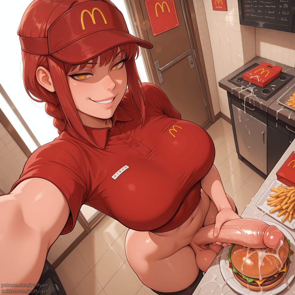 1futa, ai generated, balls, big breasts, big penis, braid, braided hair, braided ponytail, breasts, burger, chainsaw man, cum on food, cumming, dickgirl, ejaculation, erection, fast food, food, fries, futa only, futanari, hamburger, huge balls, huge cock, intersex, makima (chainsaw man), masturbation, mcdonald's, penis, puffyart, red hair, selfie, stroking penis, visor cap