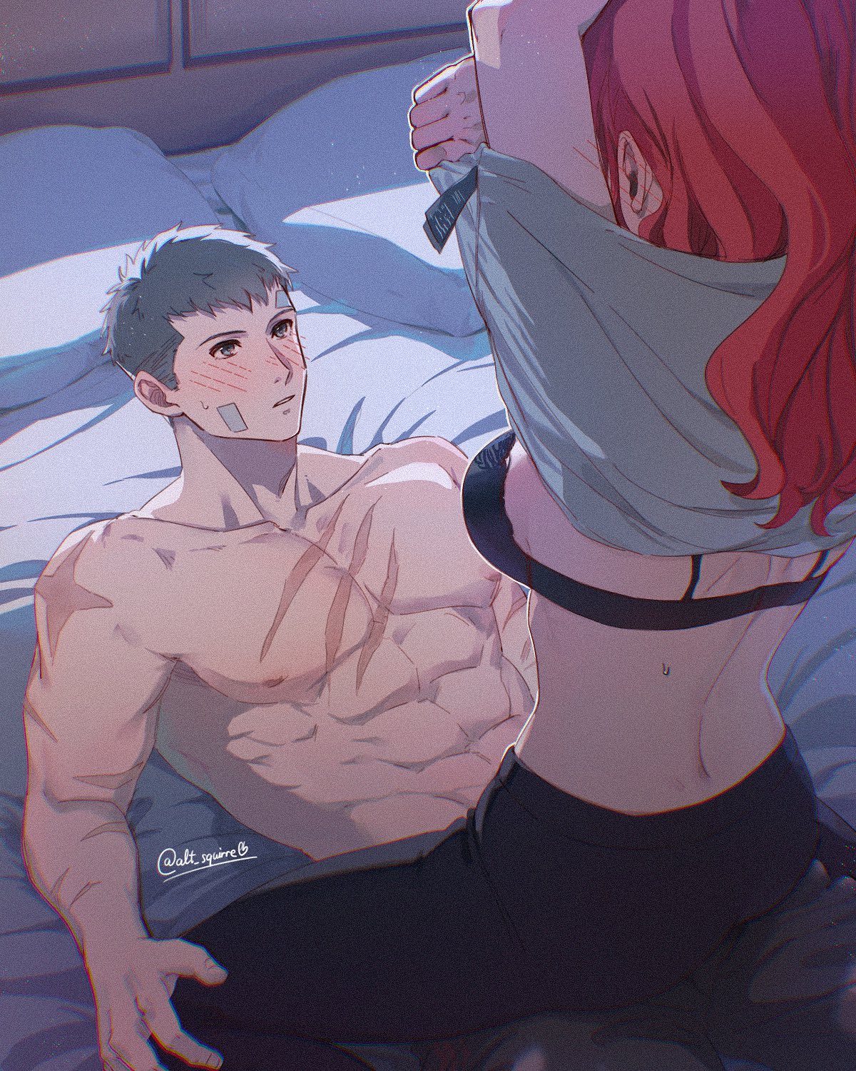 1boy, 1girls, abs, akihiko sanada, arms up, artsquirrelb, bandaid, bandaid on face, bed sheet, black bra, black pants, blush, bra, breasts, clothes lift, couple, cowgirl position, ear blush, feet out of frame, female, grey hair, indoors, large breasts, long hair, looking at another, lying, male, mitsuru kirijo, muscular, muscular male, on back, pants, pectorals, persona, persona 3, persona 4: the ultimate in mayonaka arena, red hair, scar, scar on arm, scar on chest, sega, shirt lift, short hair, sitting, sitting on lap, sitting on person, soc nau, straight, sweatdrop, topless male, twitter username, underwear, undressing