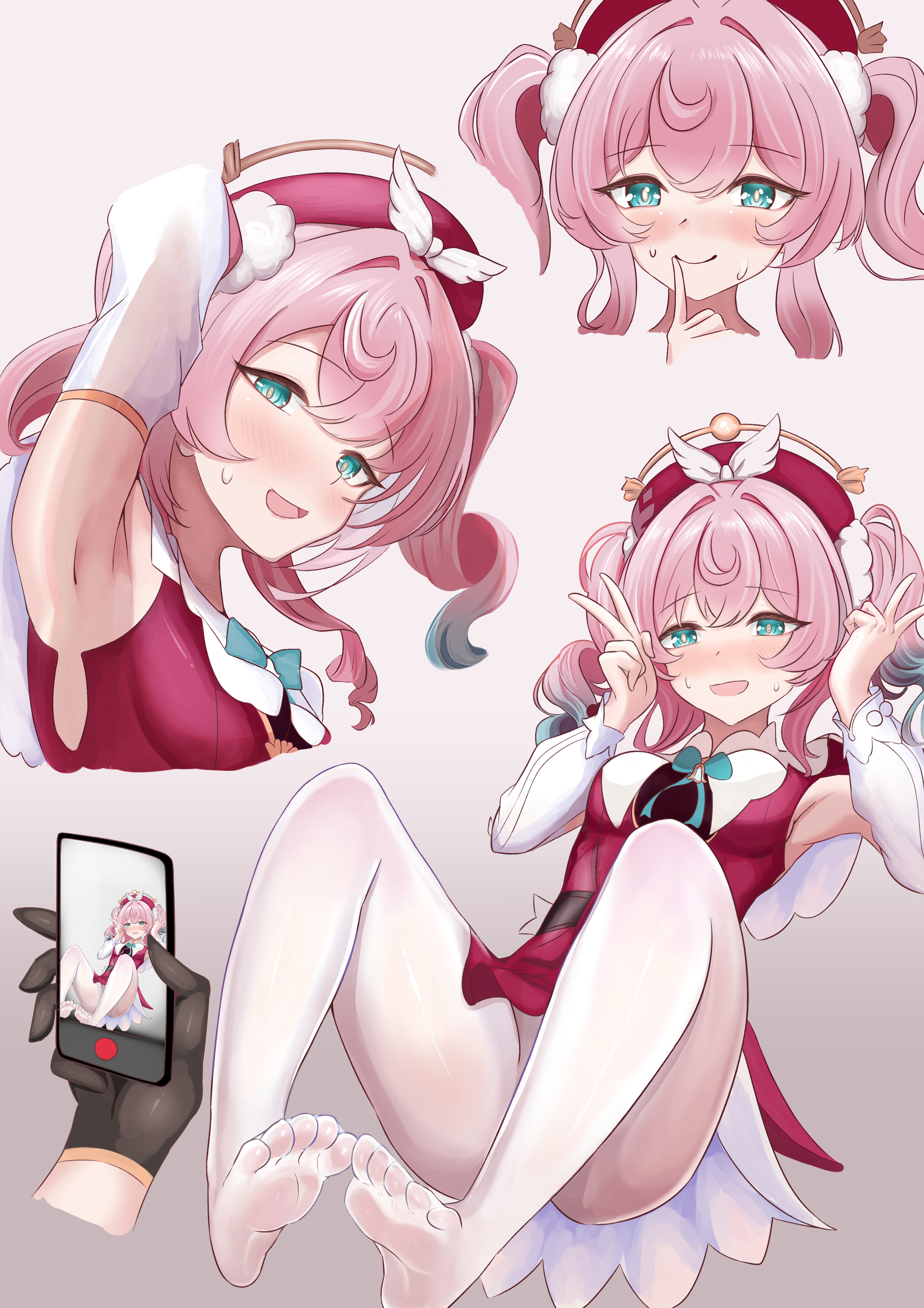 absurdres, ahoge, aqua bow, aqua bowtie, aqua eyes, aqua hair, arm up, armpits, blush, bow, bowtie, closed mouth, detached sleeves, dress, drill hair, female, gradient hair, hat, highres, holding, honkai (series), honkai: star rail, hyacine (honkai: star rail), layered dress, long sleeves, looking at viewer, medium hair, multicolored hair, mumi daohu, mumi-daohu, no shoes, one eye closed, open mouth, pantyhose, pink background, pink hair, red dress, red hat, red skirt, simple background, skirt, smile, twintails, two-tone hair, white pantyhose