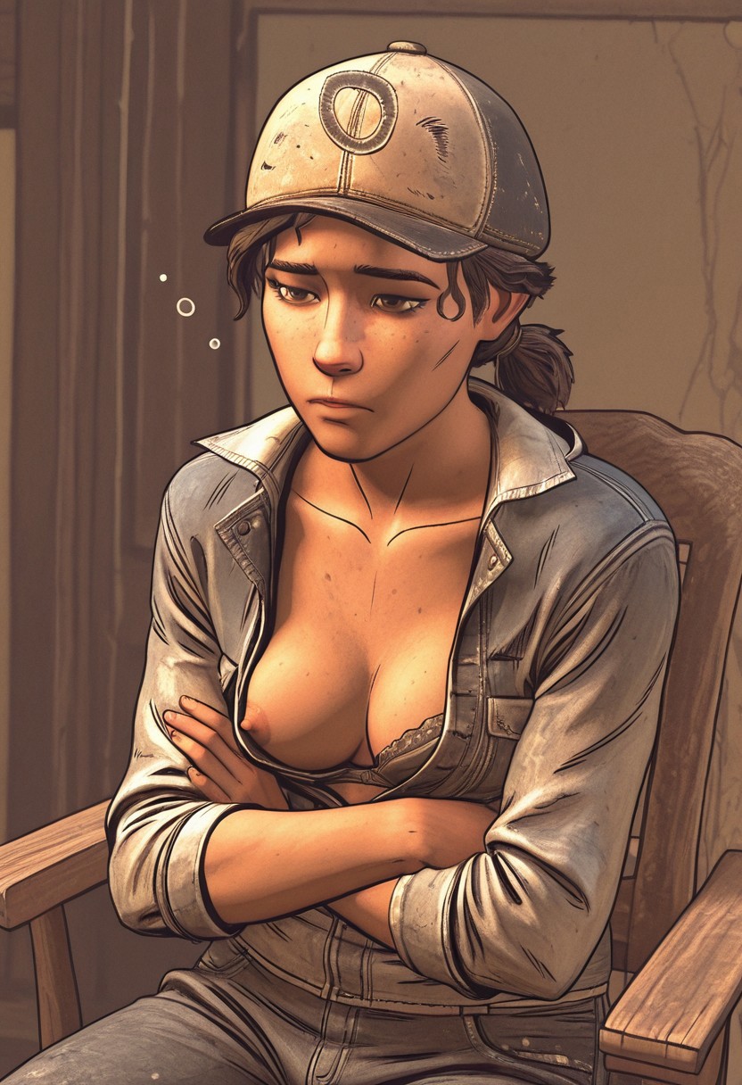 1girls, ai generated, areola, arms crossed, baseball cap, bra, breasts, breasts out, brown eyes, brown hair, civitai, clementine (the walking dead), clothed, clothing, erect nipples, female, female focus, female only, hat, headwear, jacket, light skin, light-skinned female, looking down, nipple slip, nipples, sitting, the walking dead, the walking dead game, the walking dead: the final season