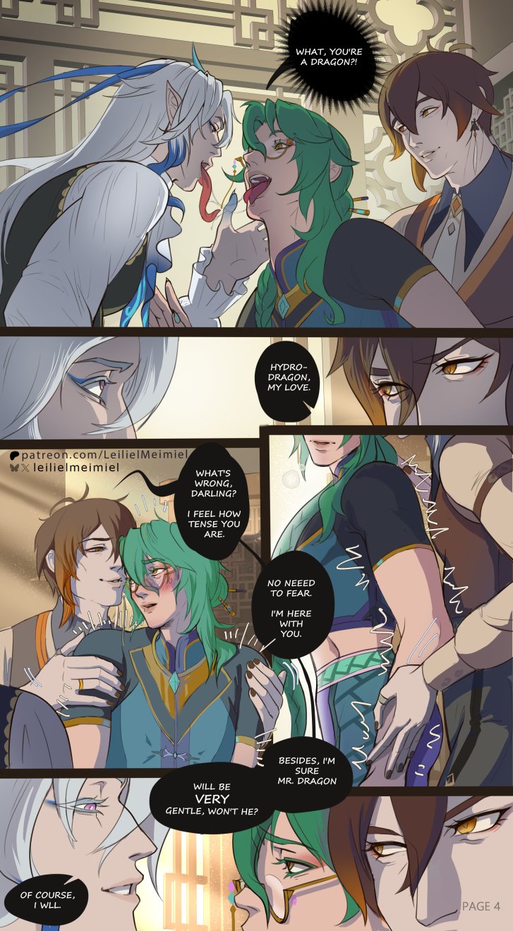 baizhu (genshin impact), dragon, gay, genshin impact, hoyoverse, kissing, leilielmeimiel, male, male focus, male only, male/male, mihoyo, neuvillette (genshin impact), oral, tongue, yaoi, zhongli (genshin impact)