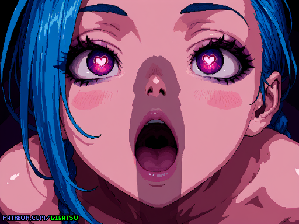 :o ai_generated bare_shoulders blue_hair cock_shock female from_above gigatsu heart-shaped_pupils heart_eyes jinx_(league_of_legends) league_of_legends lips looking_at_penis looking_up open_mouth penis_shadow pixel_art pov riot_games tongue