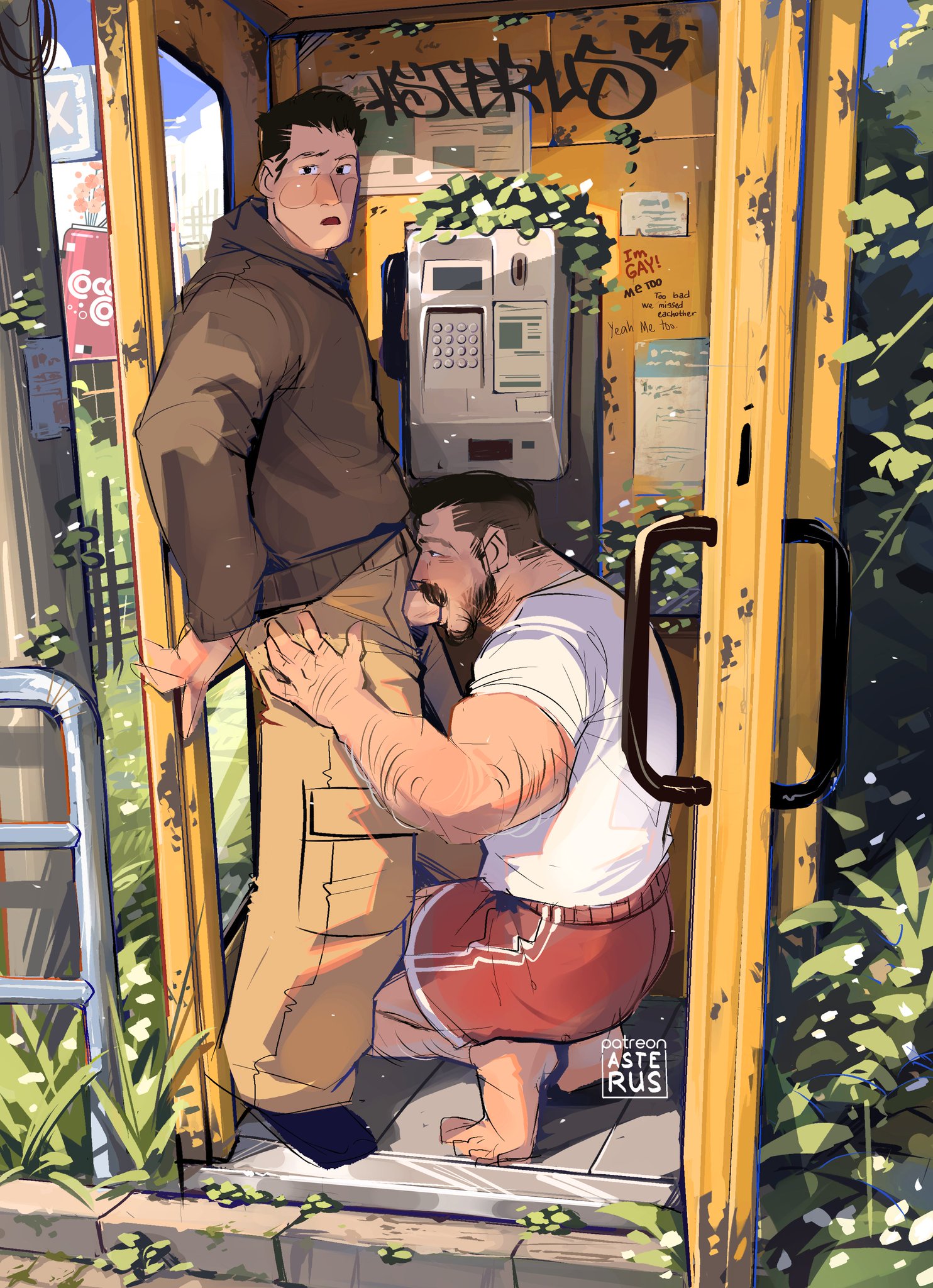 2boys, asterus, barefoot, blowjob, clouds, crouching, facial hair, feet, fellatio, flyer (pamphlet), fully clothed, gay, grass, haircut, human, human only, humor, male, male feet, male only, outdoors, phone, phone booth, plants, shaved head, writing on wall