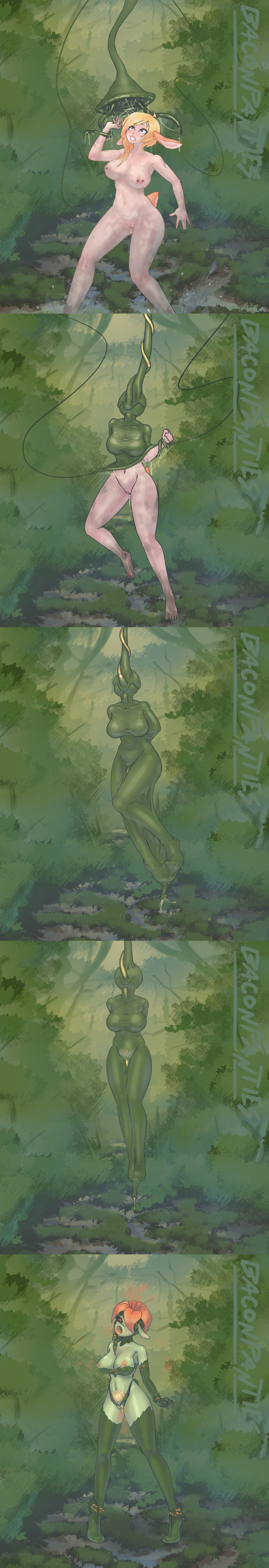animal ears, baconpanties, black sclera, blonde hair, bondage, breasts, corruption, deer girl, female, female only, forest, forest background, green hair, green skin, lactation, nipple piercing, nipples, nude, open mouth, orange eyes, original, outdoors, piercing, plant, plant girl, plant humanoid, plant transformation, resisting, sequence, signature, snude, solo, species transformation, symbol, tail, tattoo, tentacle, transformation