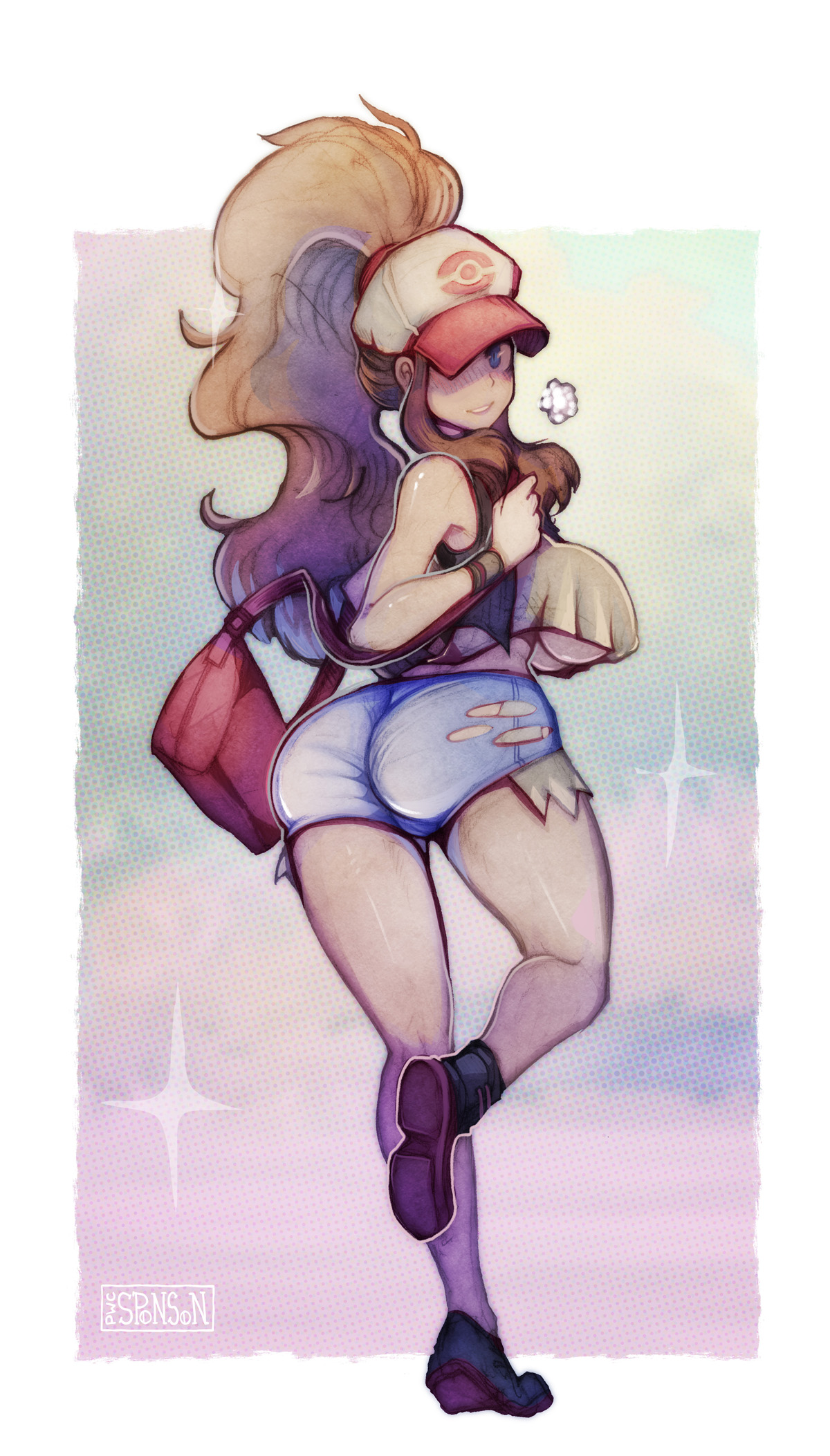 1girls, alternate breast size, ass, baseball cap, big ass, big breasts, boots, breasts, chubby, cleavage, clothed, crop top, crop top overhang, female, female only, high ponytail, hilda (pokemon), hotpants, huge ass, huge breasts, human, laced boots, large breasts, looking at viewer, looking back, nintendo, pokemon, pokemon bw, ponytail, pwcsponson, shirt, shorts, solo, tagme, teenage girl, text, thick thighs, torn clothes, underboob, watermark, wide hips