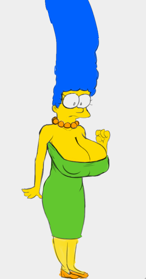 1girls blue_hair confused_look eating female garbledina green_clothing green_dress huge_breasts marge_simpson orange_shoes pearl_necklace solo tagme the_simpsons white_background