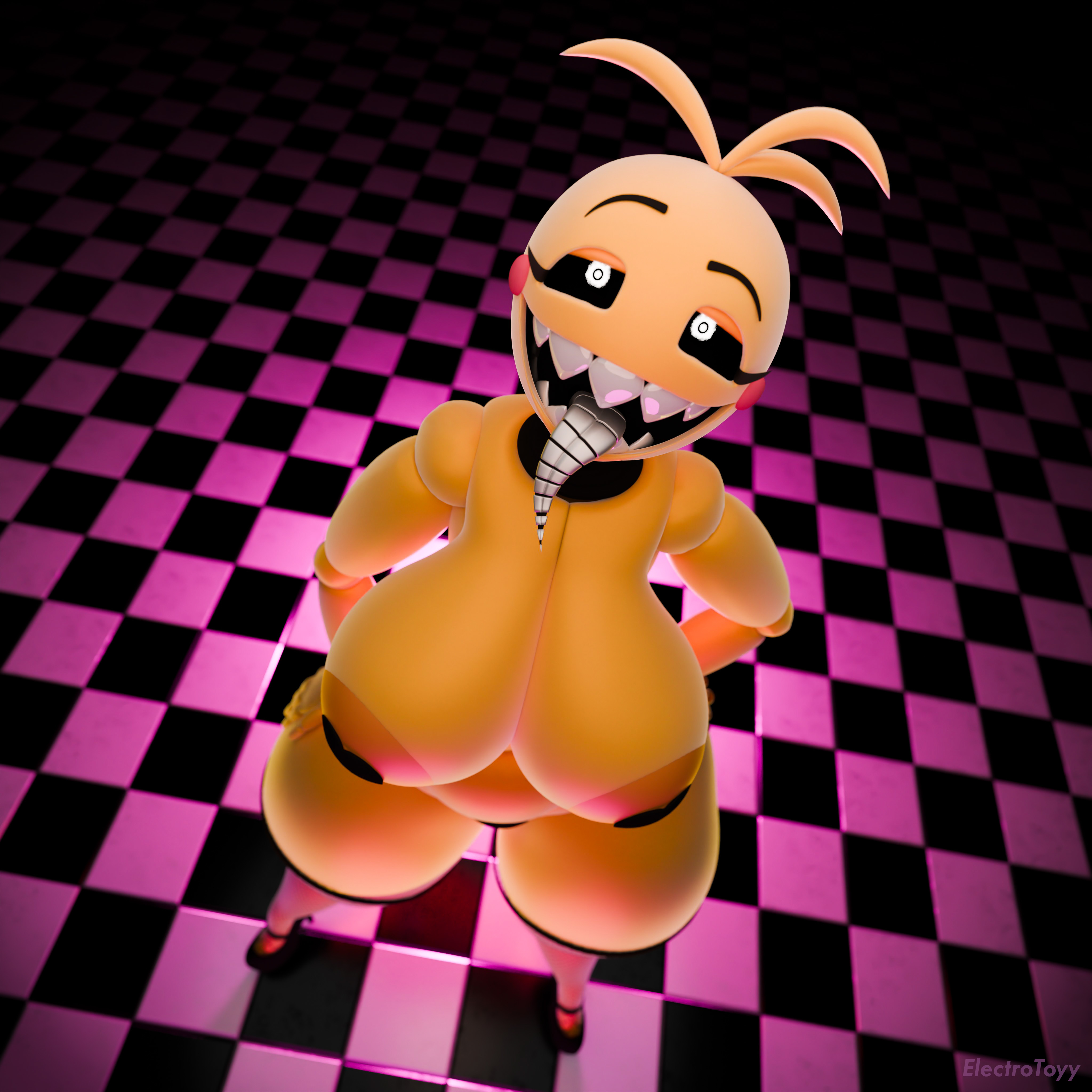 3d, 3d (artwork), 3d model, bimbo, electrotoyy, female, five nights at freddy's, five nights at freddy's 2, looking at viewer, simple background, smiling, solo, thick thighs, toy chica (cyanu), toy chica (fnaf), wide hips