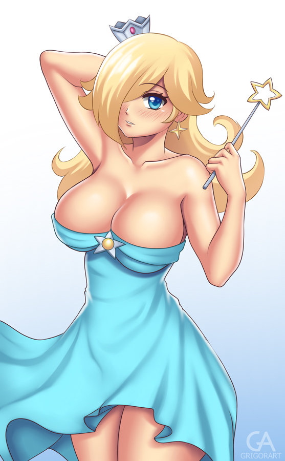 1girls arm_up armpits artist_name bangs bare_shoulders blonde_hair blue_background blue_dress blue_eyes blush breasts cleavage collarbone covered_eyes cowboy_shot crown dress earrings eyebrows_visible_through_hair eyelashes female glass gradient gradient_background grigoraart grigorart hair_over_one_eye holding holding_wand huge_breasts jewelry large_breasts legs_together long_hair looking_at_viewer mario_(series) mini_crown nintendo no_bra pose princess_rosalina solo standing star super_mario_galaxy thighs wand white_background