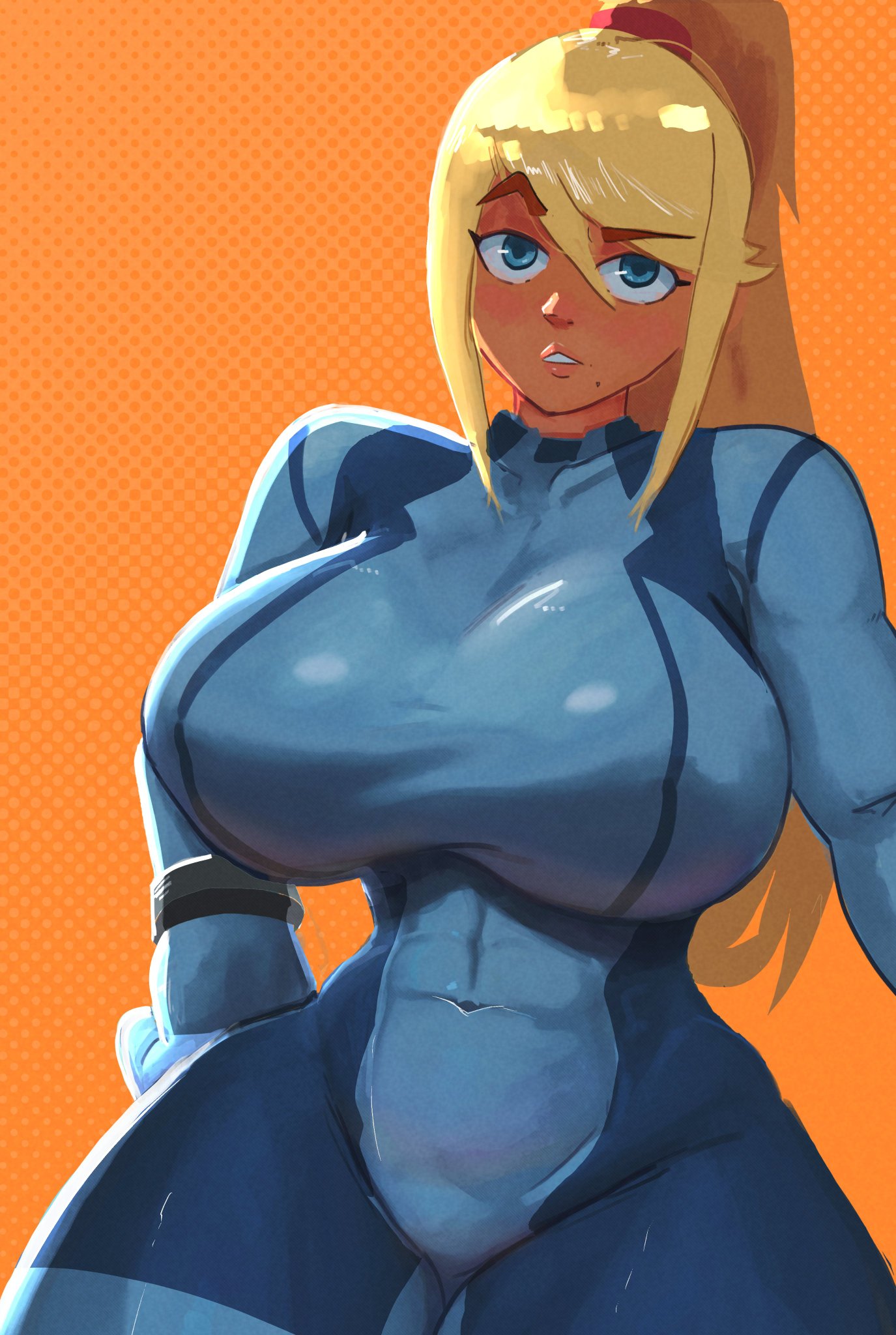 1girls big_breasts blonde_hair breasts dand_u female samus_aran zero_suit_samus