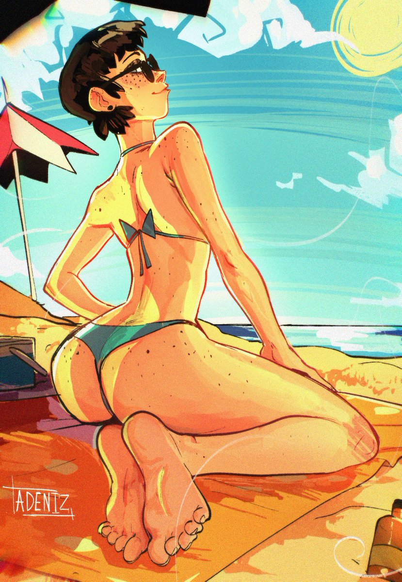 1girls, adeniz, ass, ass freckles, beach, bikini, feet, female, freckles, freckles on ass, kneeling, looking back, natalie (adeniz), oc, original, original character, sunglasses