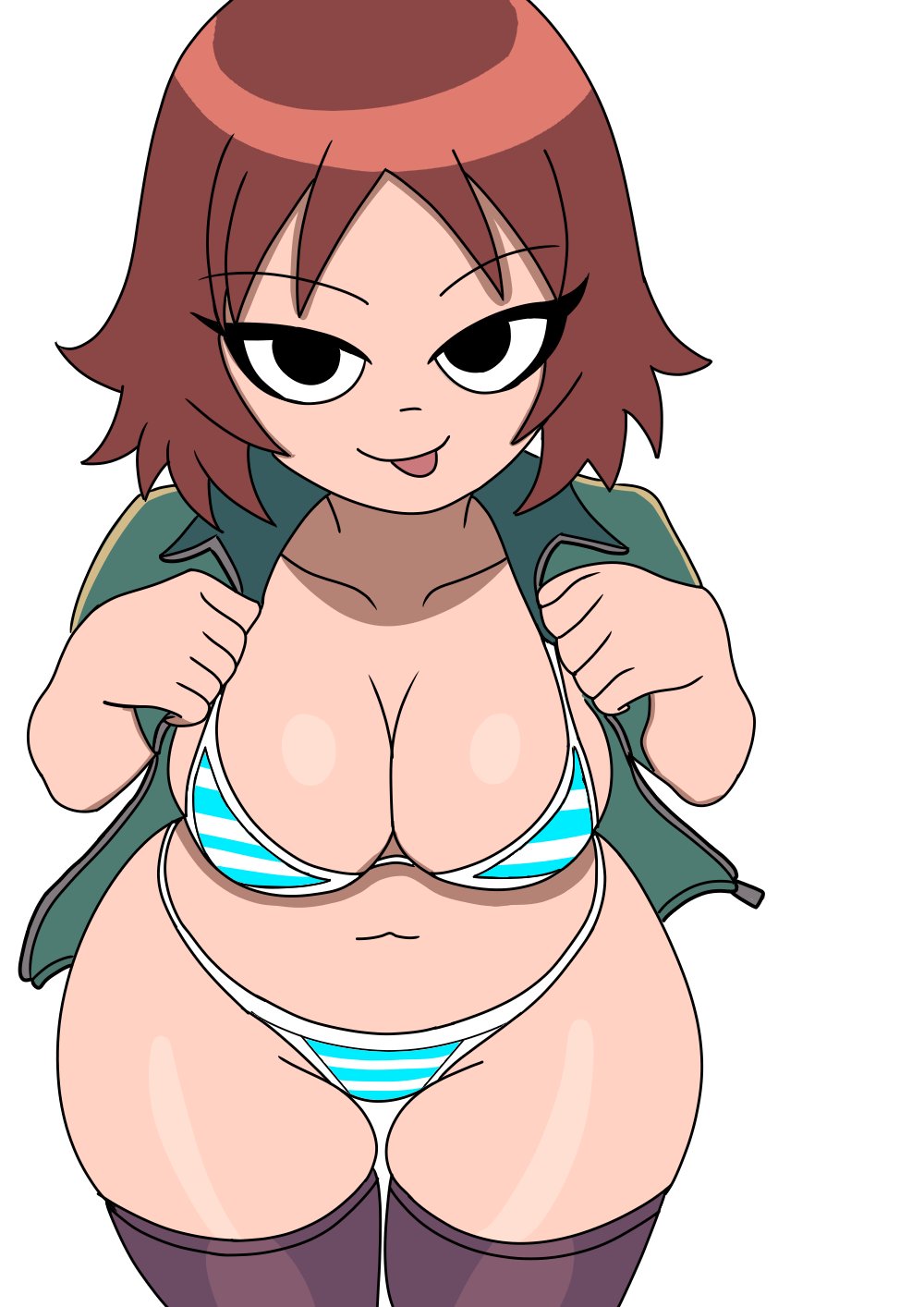 1girls, black eyes, brown hair, female, jacket, kim pine, legwear, mr.brightside, open clothes, open jacket, partially clothed, purple legwear, scott pilgrim, short hair, solo, solo female, stockings, striped underwear, thighhighs, tongue, tongue out, underwear