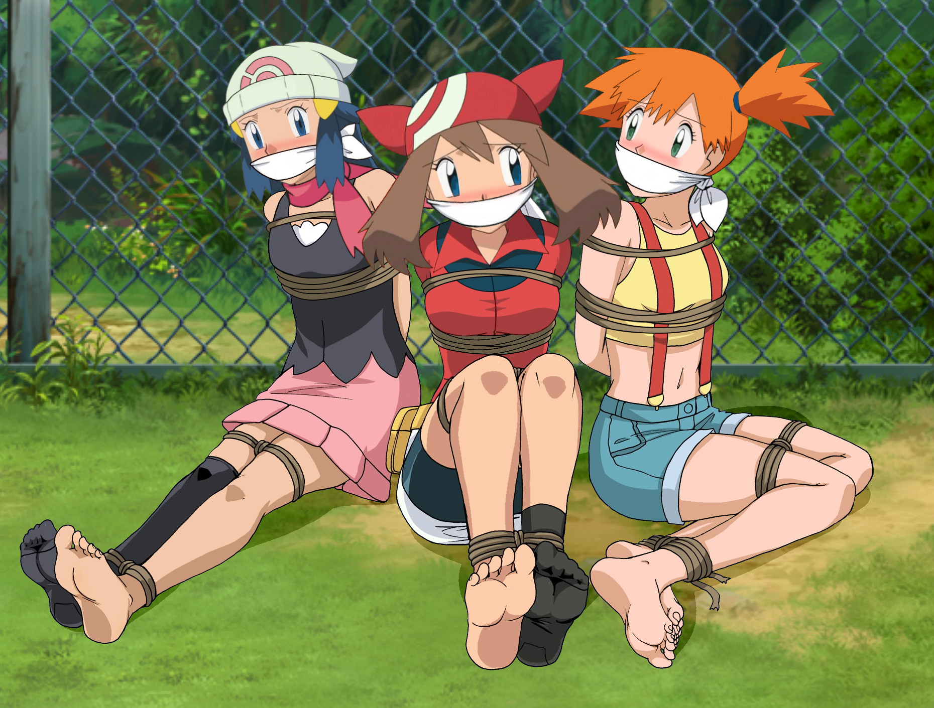 3girls, blushing, bondage, captured, cleave gag, dawn (pokemon), female, female only, foot fetish, gag, gagged, human, kasumi (pokemon), may (pokemon), multiple females, multiple girls, pokemon, pokemon (anime), soles, tagme