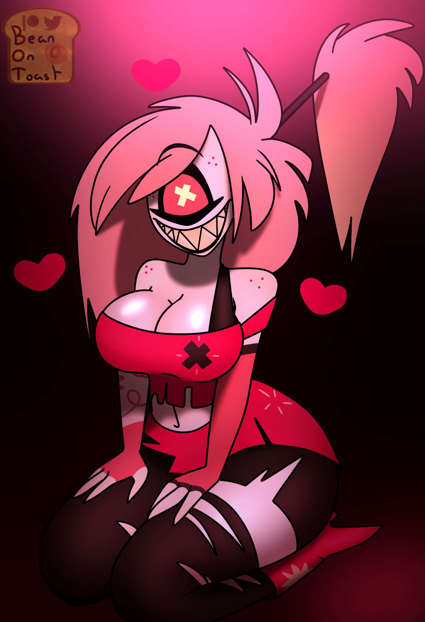 beanontoast, big breasts, breasts, cherri bomb (hazbin hotel), demon, female, hazbin hotel, high heel boots, high heels, sharp teeth, thick thighs
