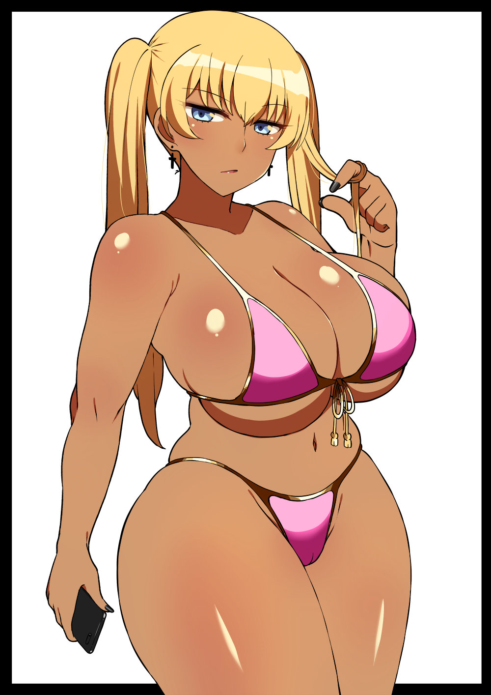 bikini blonde_hair blue_eyes breasts cameltoe cleavage dark-skinned_female dark_skin earrings gyaru huge_breasts komusou_(jinrikisha) maki_somei navel original pink_bikini shiny_skin smartphone solo string_bikini swimsuit tan_body tan_skin thick_thighs twintails wide_hips