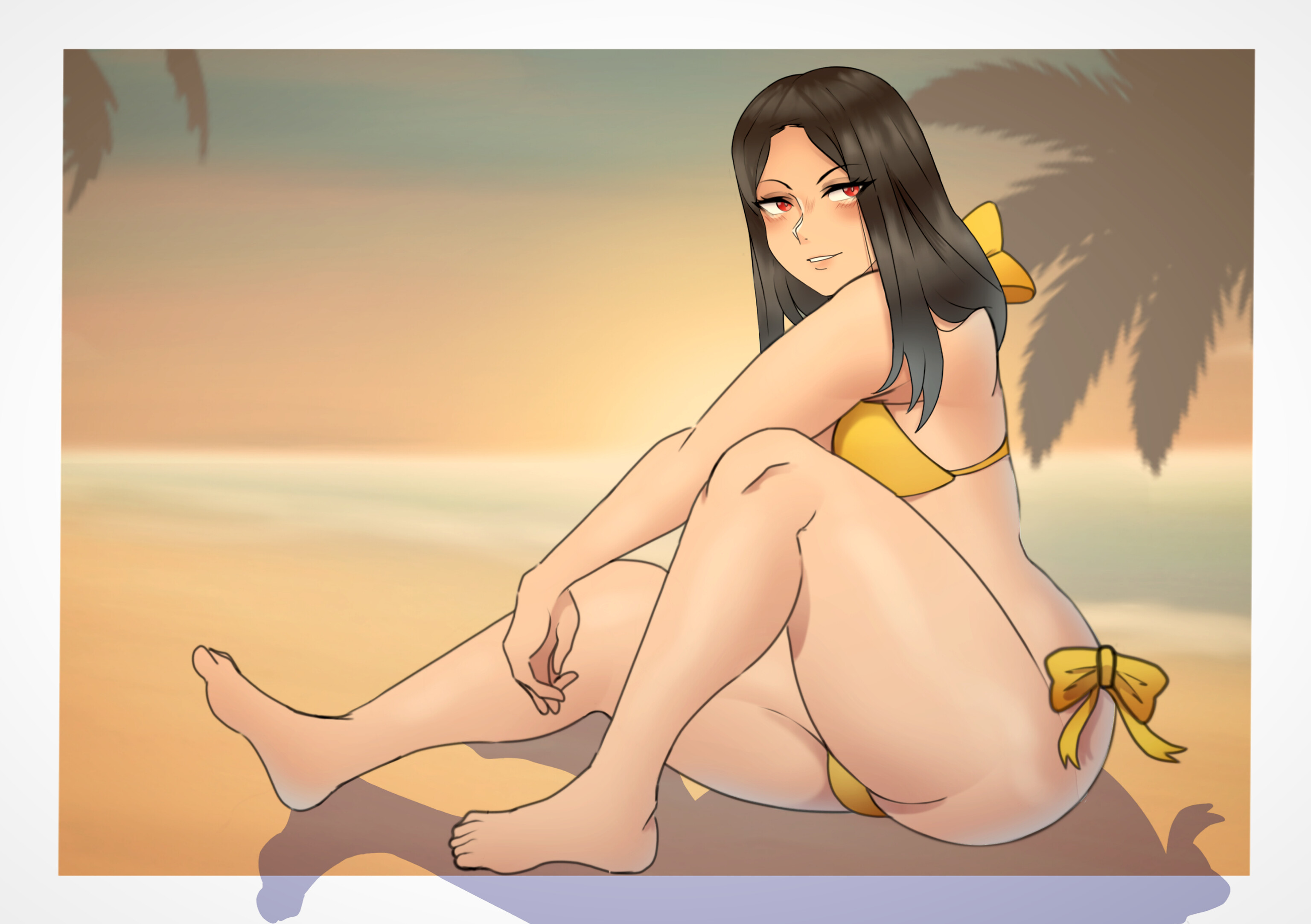 1boy, ambiguous gender, androgynous, ass, background, bare legs, bare thighs, barely clothed, barely visible genitalia, beach, beautiful background, bikini, bikini top, black hair, bow, emo, eyelashes, eyeshadow, feet, femboy, guilty gear, guilty gear strive, johnv, legs, legs up, long hair, male, ocean, oil, oiled, oiled skin, red eyes, shiny, shiny skin, sitting, smile, smiling, solo, solo focus, sun, sunset, testament (guilty gear), thick, thick ass, thick thighs, thighs, tree