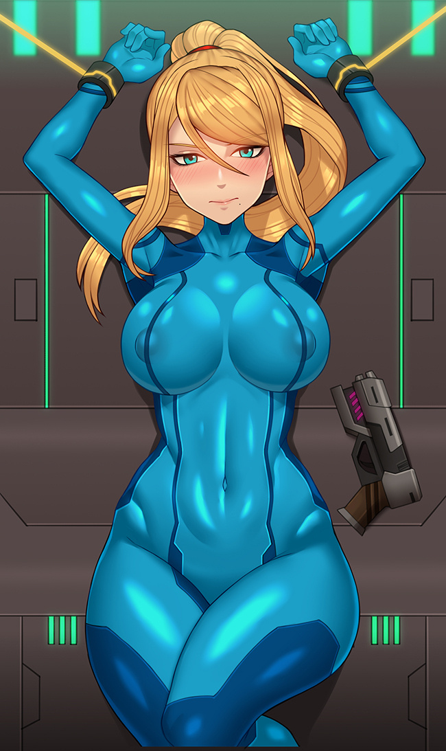 1girls, abs, arms tied, ass, athletic, athletic female, belly, big breasts, blonde hair, blue eyes, bodysuit, bondage, breasts, captured, captured heroine, clothed, covered navel, covered nipples, cuffs, embarrassed, erect nipples under clothes, eye contact, female, female human, female only, femsub, fit, fit female, gun, heroine, heroine in trouble, human, large breasts, light skin, light-skinned female, long hair, looking at viewer, lowres, mature female, metroid, muscular, muscular sub, navel, nintendo, nipple bulge, nt00, on back, pokies, ponytail, restrained, restraints, samus aran, skin tight, slim waist, solo, source request, spread arms, thick thighs, variant set, weapon, wide hips, zero suit, zero suit samus