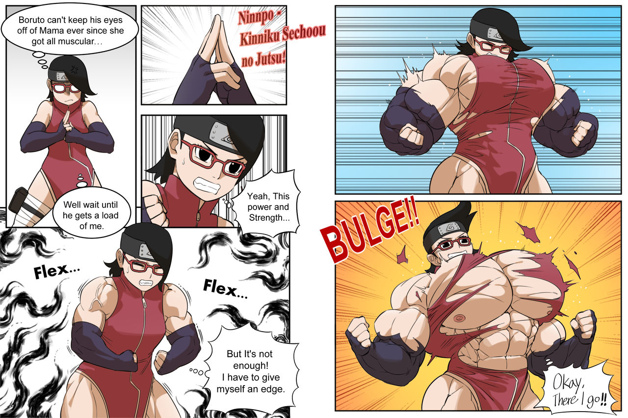 annoyed, black hair, boruto: naruto next generations, co-opvillain, comic, dialogue, extreme muscles, female, female pecs, flexing, forehead protector, glasses, huge pecs, konohagakure symbol, muscle growth, muscles, muscular, muscular female, naruto, naruto (series), pecs, red-framed eyewear, sarada uchiha, text, torn clothes