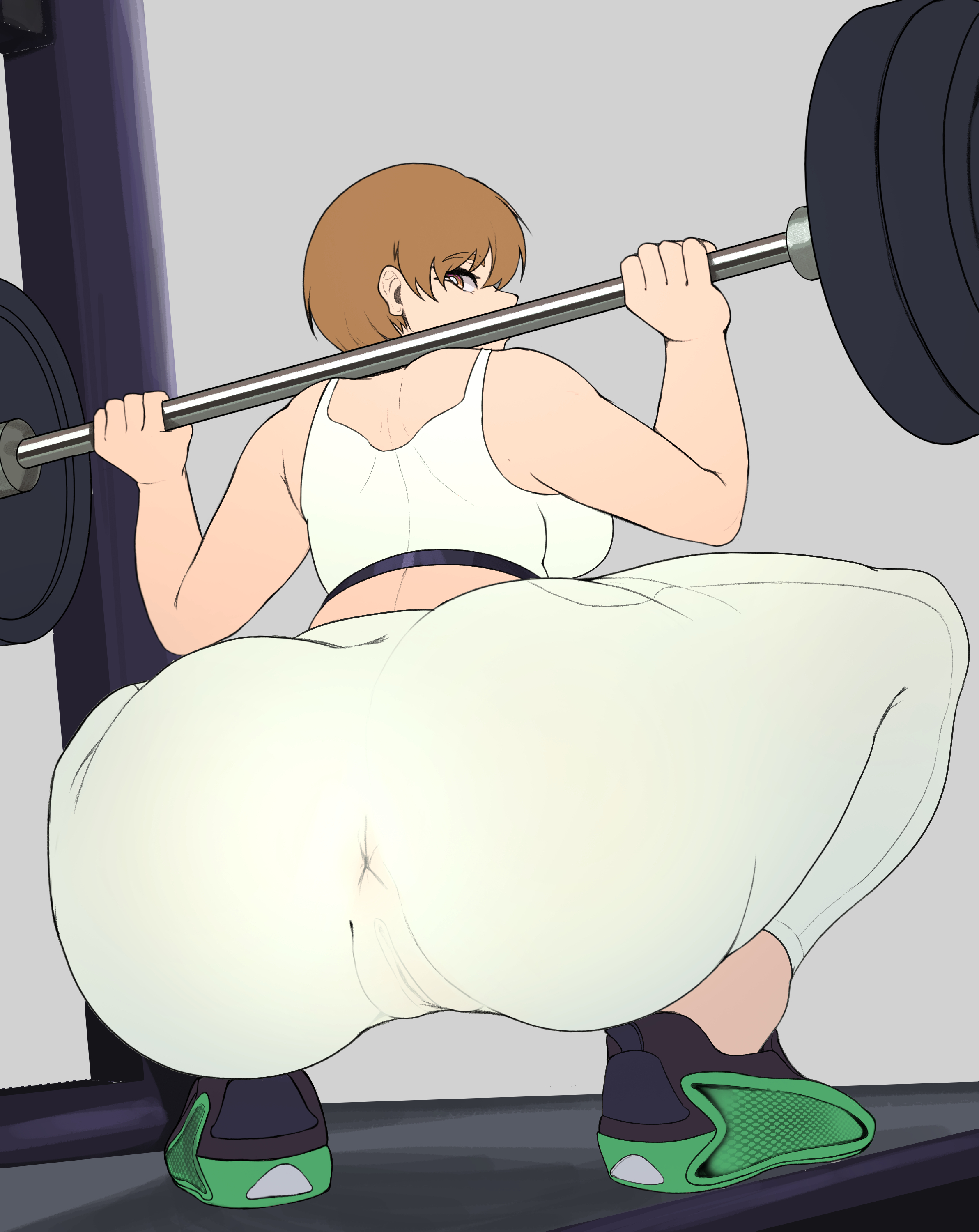 1girls, anus, anus visible through clothes, ass, athletic, athletic ass, athletic female, atlus, big ass, booty, brown hair, exposed anus, exposed pussy, female, fit, fit ass, fit female, flat colors, huge ass, lifting weights, looking back, persona, persona 4, pussy, pussy visible through clothes, satonaka chie, short hair, sieroo, sports bra, sports pants, sportswear, squatting, thick, thick thighs, thighs, tomboy, weightlifting