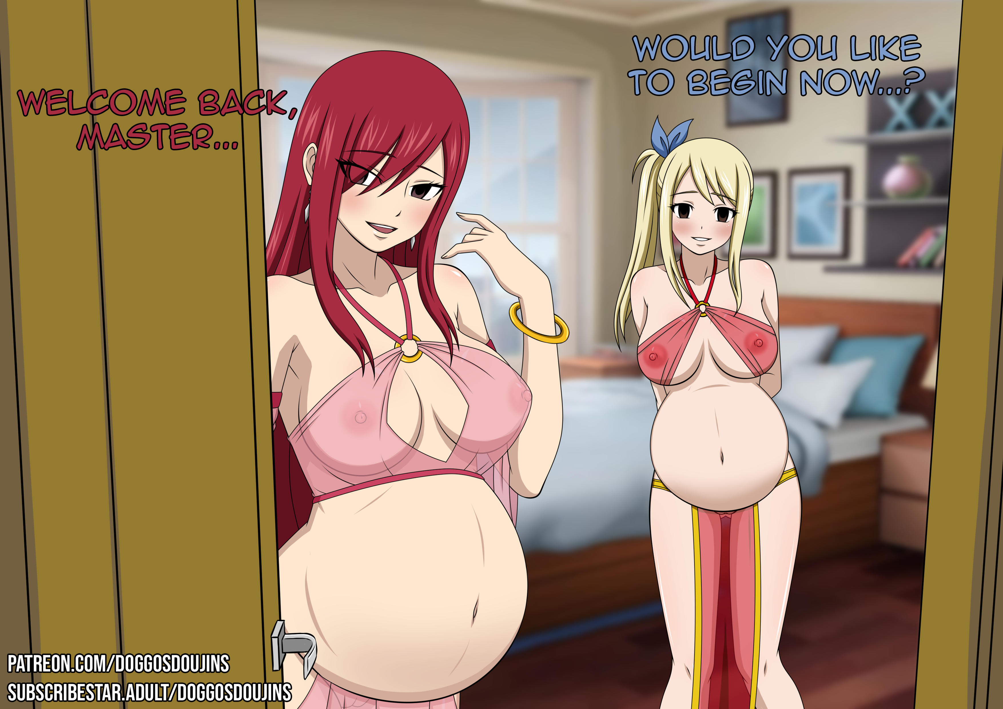 2girls, bedroom, belly, big belly, blonde hair, doggosdoujins, erza scarlet, fairy tail, female, harem outfit, lucy heartfilia, multiple females, multiple girls, multiple pregnancies, nipples visible through clothing, pregnant, red hair, translucent clothing