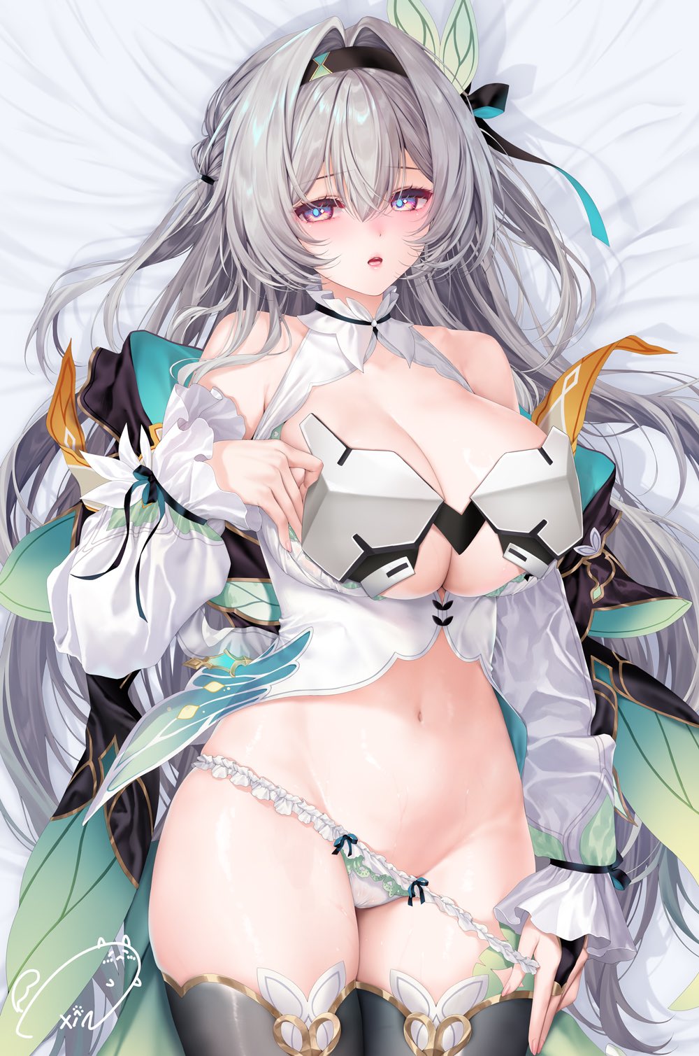 armor bed_sheet blush breast_armor breasts detached_sleeves female firefly_(honkai:_star_rail) frilled_panties frills grey_hair hair_ornament hairband highres honkai:_star_rail honkai_(series) large_breasts long_hair long_sleeves looking_at_viewer lying navel obiwan panties pulling_down_panties sam_(honkai:_star_rail) solo thighhighs underwear weisuoxin white_panties