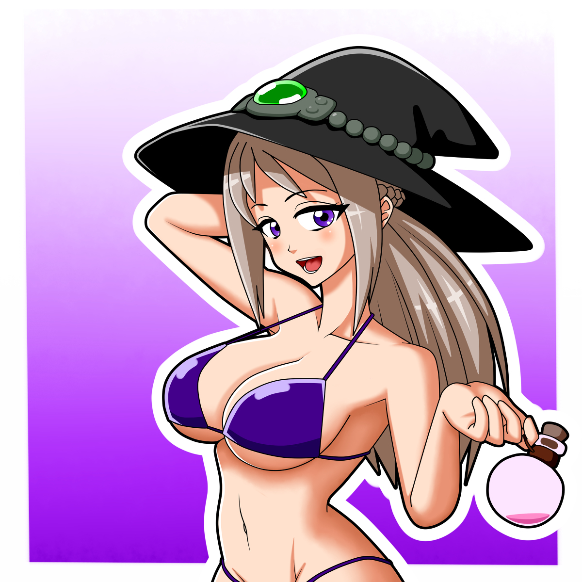 big breasts, bikini, breasts, female, grey hair, minecraft, personification, potion, purple hair, solo, this is madness, witch, witch (minecraft), witch hat