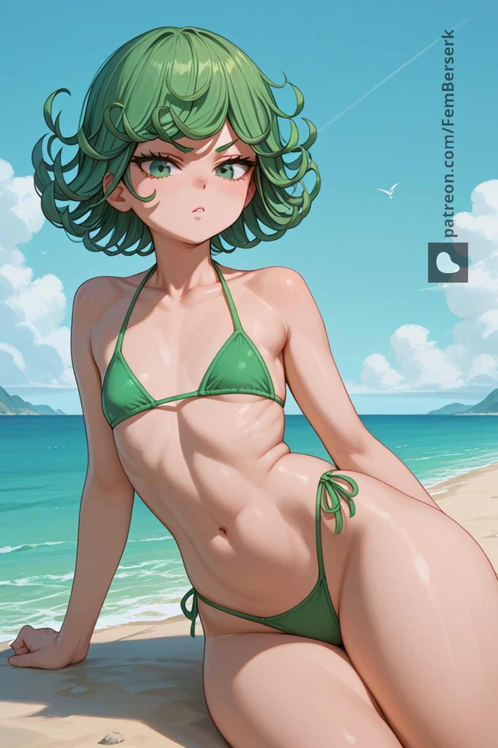 1girls ai_generated beach big_ass big_thighs bikini female female_only femberserk flat_chest green_eyes green_hair one-punch_man patreon short_hair small_breasts solo tatsumaki