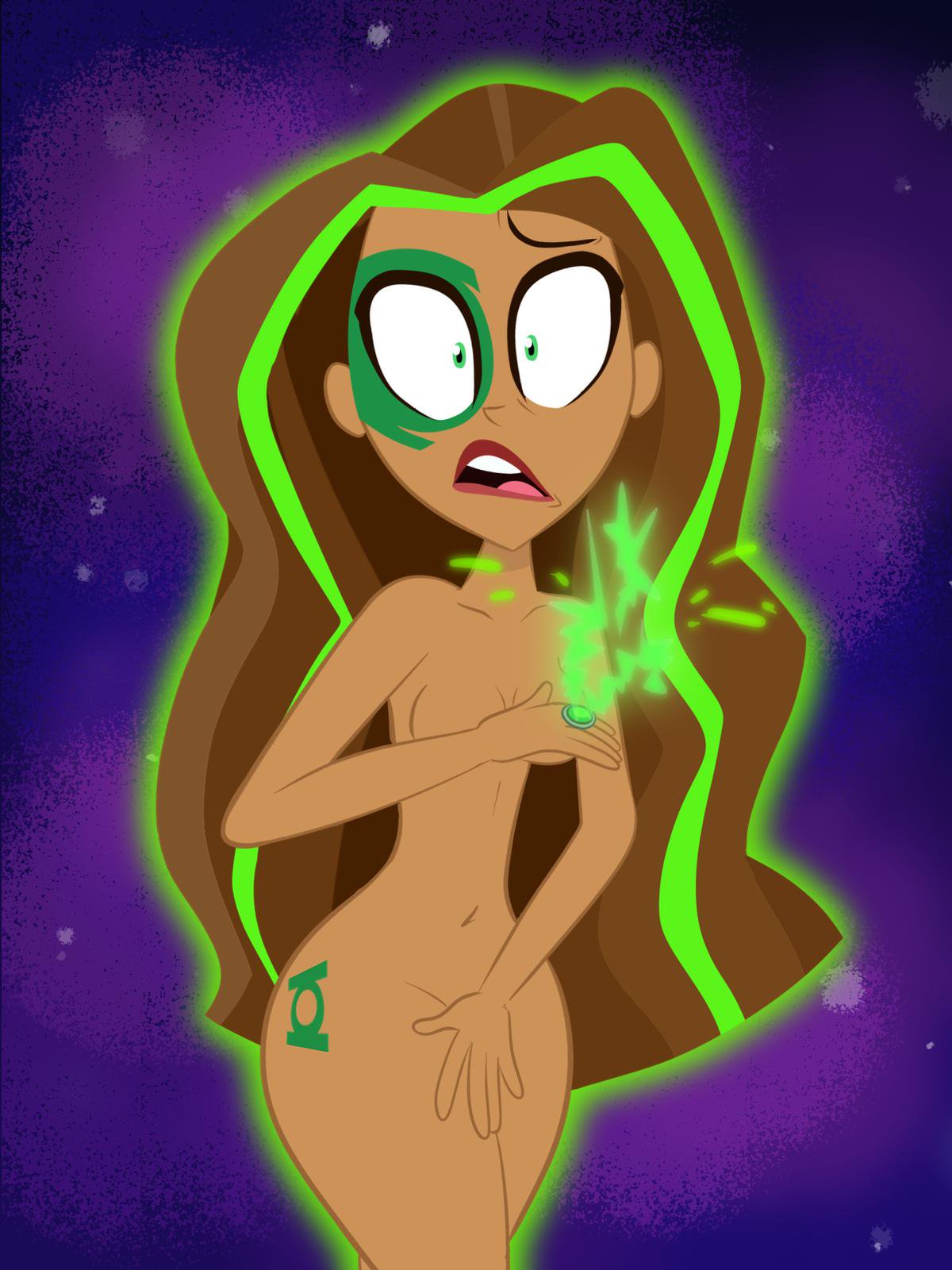 1girls, breasts, brown hair, brown skin, covering, covering breasts, covering crotch, dark skin, dark-skinned female, dc, dc comics, dc super hero girls, embarrassed, embarrassed nude female, enf, female, female only, green eyes, green hair, green lantern, green lantern (series), green lantern corps, jessica cruz, jessica cruz (shg), naked, nude, ring, scobionicle99, solo