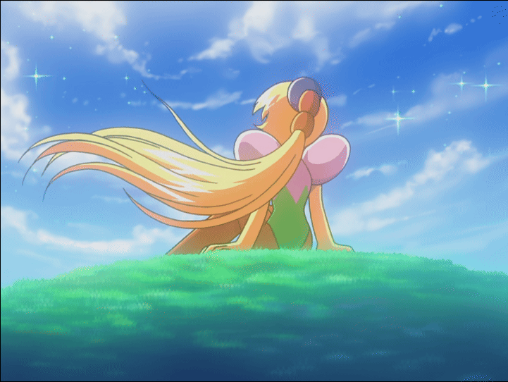 1girls back_view blonde_hair blue_sky female fumu-tan gif green_sparkles kirby:_right_back_at_ya! kirby_(series) long_ponytail ponytail sideboob sitting sitting_on_hill solo tiff_(kirby) yellow_skin yellow_skinned_female