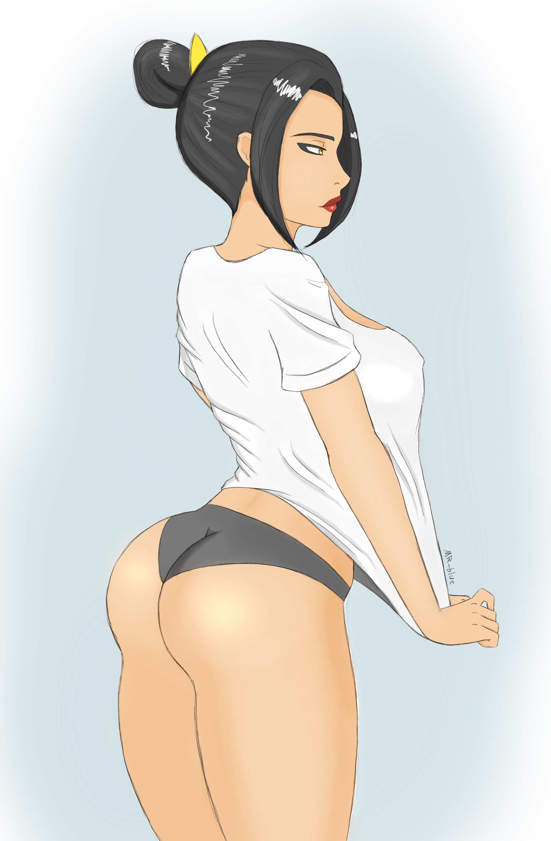 1girls, 2d, arched back, ass, avatar the last airbender, azula, bare legs, black hair, black panties, breasts, bubble ass, bubble butt, clothing, crown, female, female only, gold eyes, gradient background, hair bun, hourglass figure, lipstick, looking away, medium breasts, mr-blue, nickelodeon, nipple bulge, panties, profile, red lipstick, shirt pull, solo, t-shirt, thighs, tied hair