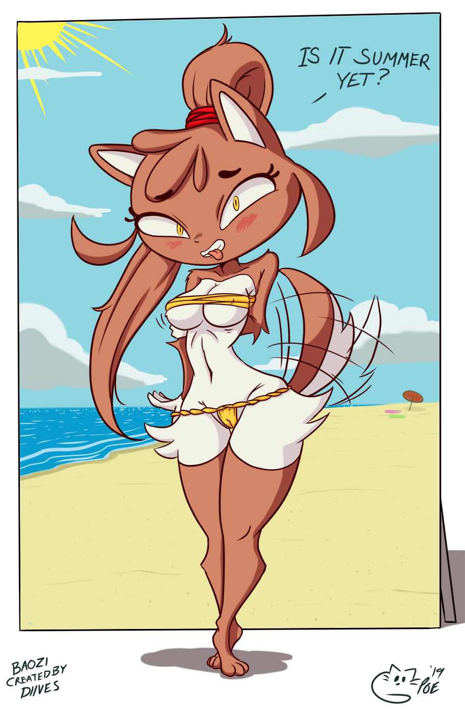 ? anthro baozi_(diives) beach biting_tongue blush breasts brown_fur cameltoe canid canine clothing day diives english_text female fur hi_res looking_at_viewer mammal navel nipple_bulge outdoors panties panty_pull partially_visible_vulva poethewondercat pokies ponytail sand seaside solo tailwag text umbrella underwear water white_fur xingzuo_temple yellow_eyes