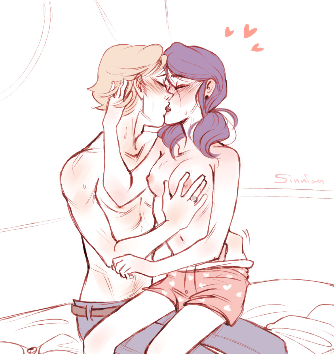 1boy, 1girls, adrien agreste, blush, breast grab, breasts, female, foreplay, groping, groping breasts, heart, kissing, male, marinette cheng, marinette dupain-cheng, miraculous ladybug, ring, sinnian, straight, tagme, topless, underwear
