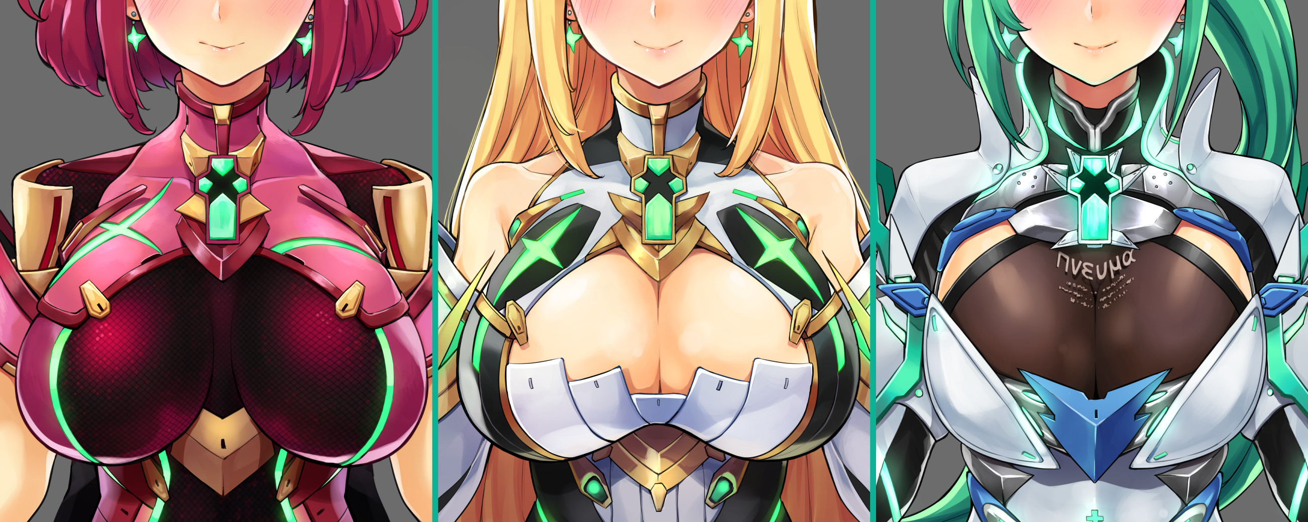 3girls, armor, bare shoulders, blonde hair, blush, bodysuit, breastplate, breasts, breasts apart, cleavage, cleavage cutout, clothes writing, collarbone, core crystal, detached sleeves, earrings, ereraero, facing viewer, female, female only, glowing, grey background, head out of frame, highres, impossible bodysuit, impossible clothes, jewelry, large breasts, lips, long hair, multiple females, multiple girls, mythra, nintendo, pneuma (xenoblade), ponytail, pyra, red bodysuit, red hair, shiny, short hair, shoulder armor, shoulder pads, sidelocks, simple background, skin tight, smile, spoilers, straight hair, upper body, xenoblade (series), xenoblade chronicles 2