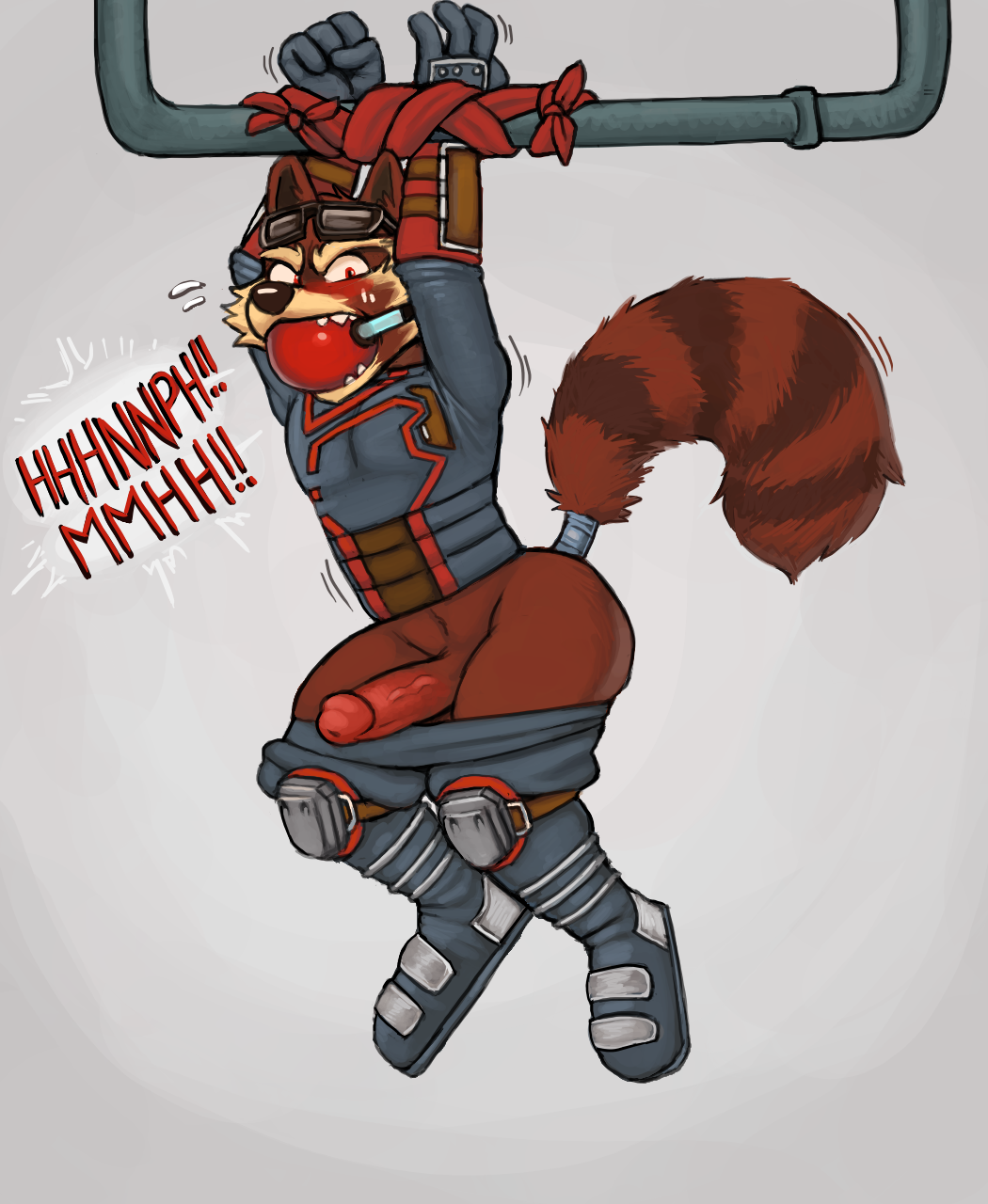 angry ball_gag bondage bound clothing disney embarrassed erection eyewear gag gagged gloves goggles guardians_of_the_galaxy hands_tied hi_res hicanyoumooforme humanoid_penis invalid_tag knee_pads looking_at_viewer male male_only mammal marvel penis procyonid raccoon rocket_raccoon scarf suspension sweat