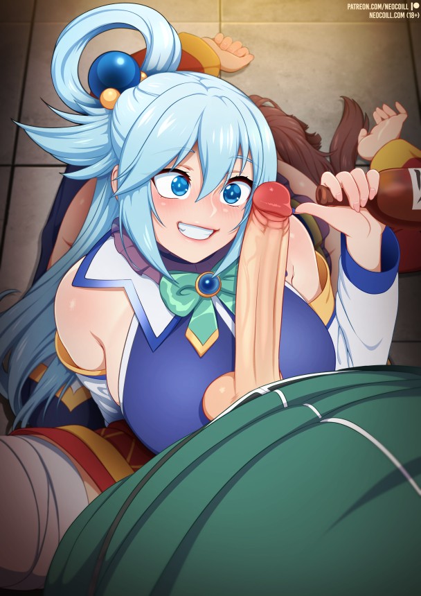 1boy 2girls alcohol aqua_(konosuba) artist_name bandaged_leg bandages bare_shoulders blue_eyes blush bottle bow bowtie breasts dress gem green_bow green_bowtie green_jacket hair_between_eyes hair_ornament holding holding_bottle jacket kono_subarashii_sekai_ni_shukufuku_wo! large_breasts long_hair long_sleeves megumin multiple_girls neocoill penis red_dress satou_kazuma shiny_skin sitting_on_face smile testicles web_address