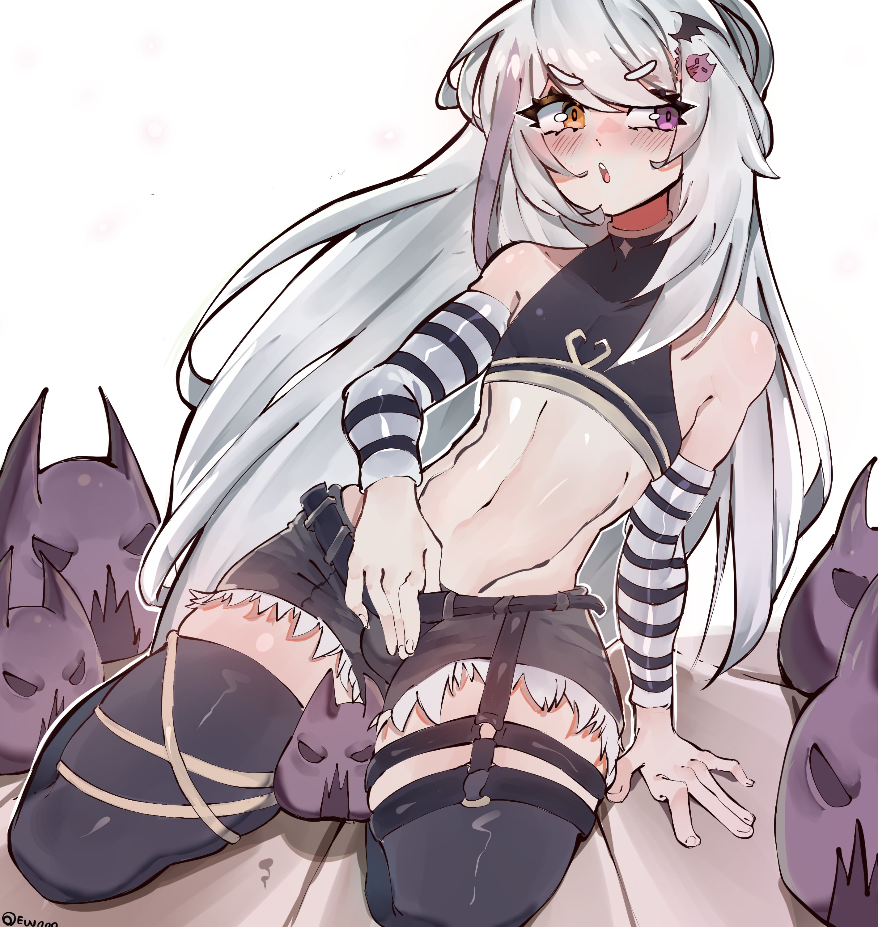 2024, arm warmers, bare shoulders, bat hair ornament, belt, blush, bulge through clothing, crop top, euvo, eyelashes, femboy, hair ornament, heterochromia, hi res, indie virtual youtuber, looking sideways, mefelis hex, thighs, virtual youtuber, white hair